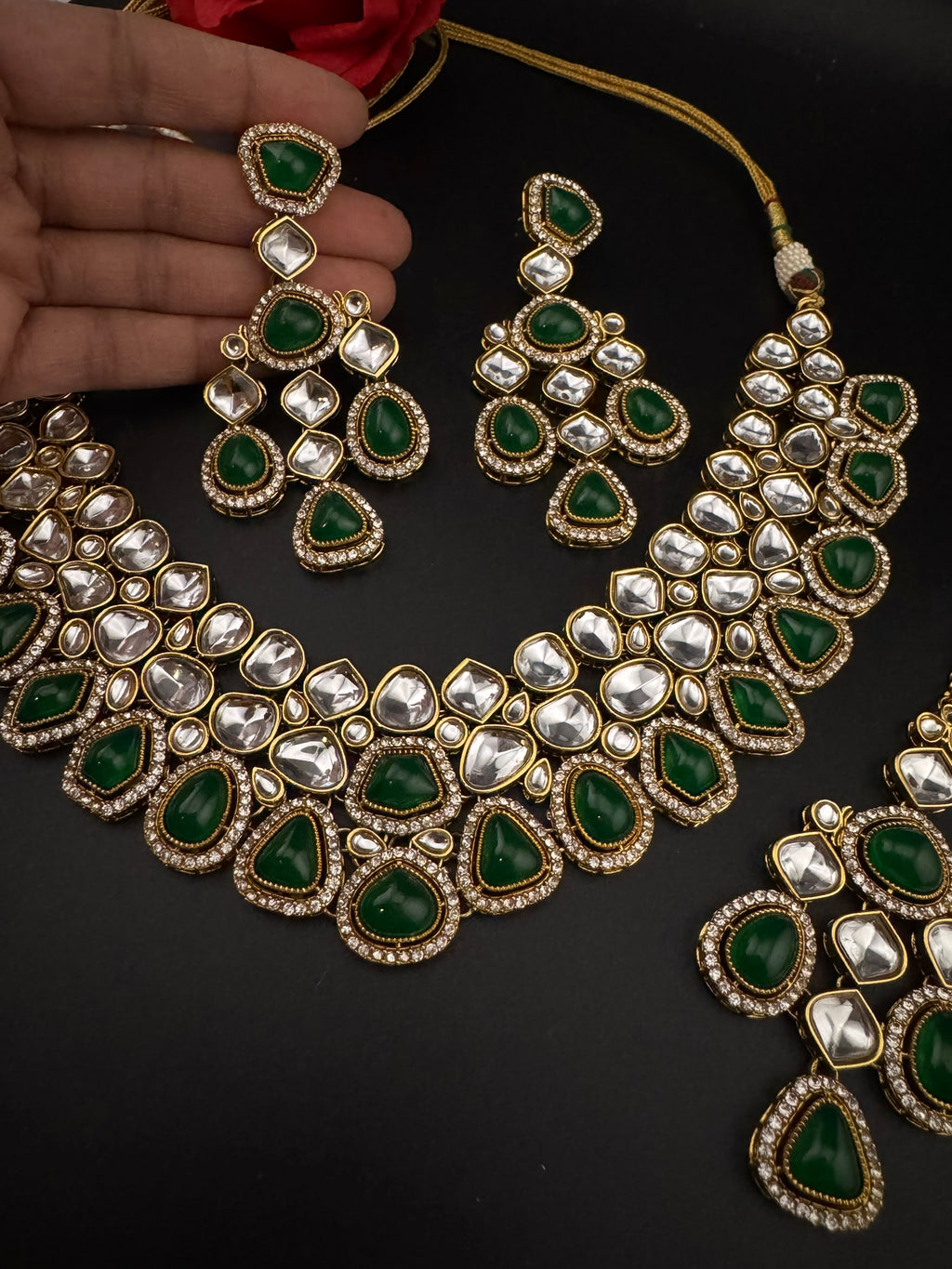 Green Premium Quality Moissanite Uncut Kundan, natural stones with long earrings and tikka is Bridal necklace set/Indian Necklace set