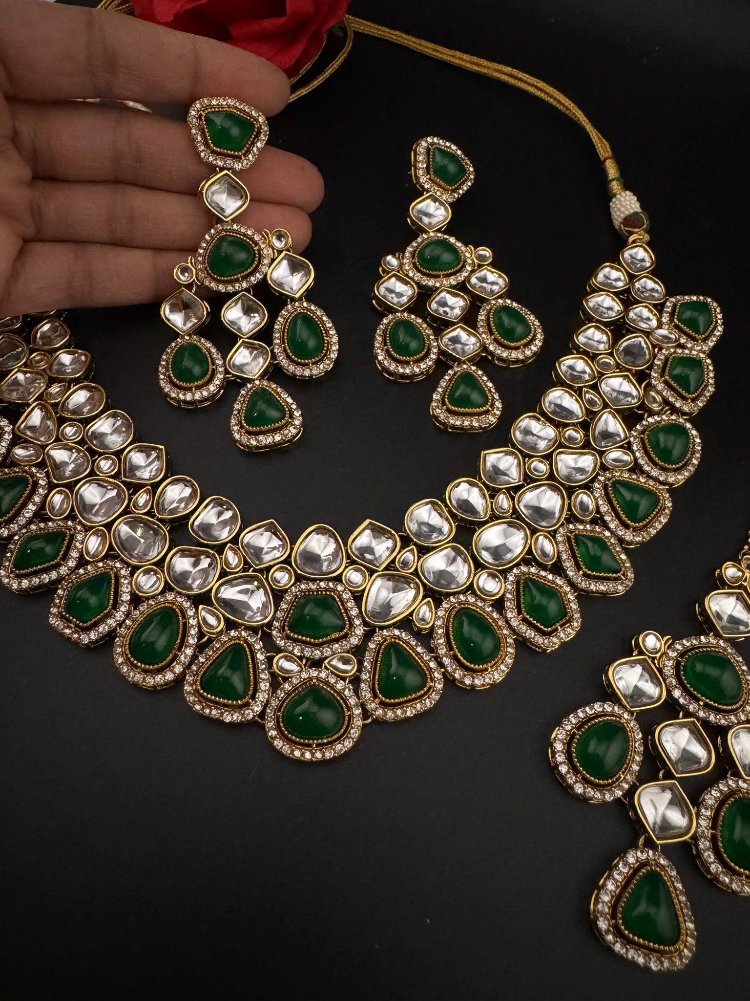 Green Premium Quality Moissanite Uncut Kundan, natural stones with long earrings and tikka is Bridal necklace set/Indian Necklace set