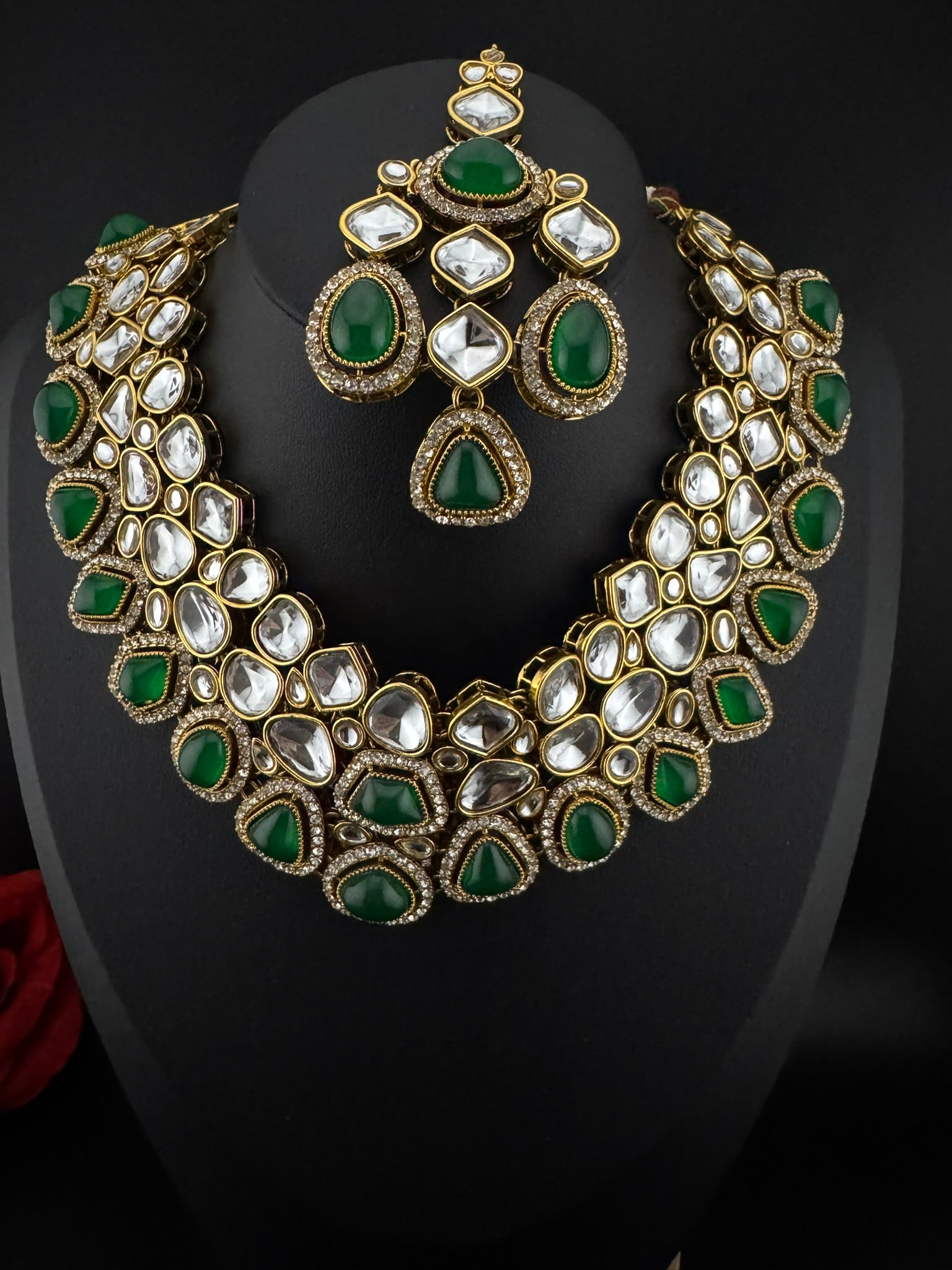 Green Premium Quality Moissanite Uncut Kundan, natural stones with long earrings and tikka is Bridal necklace set/Indian Necklace set