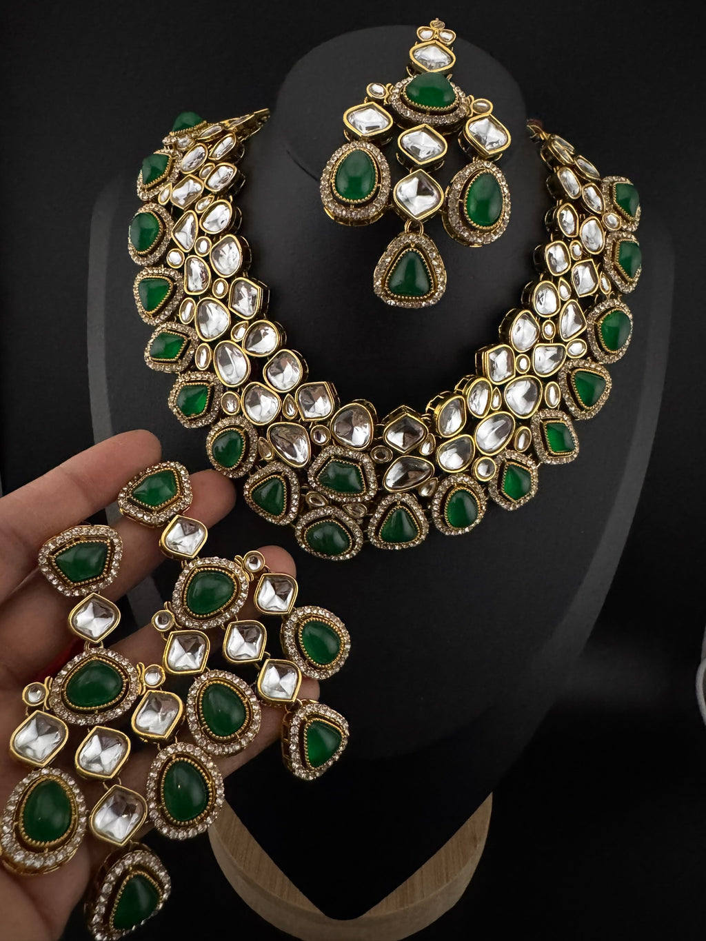 Green Premium Quality Moissanite Uncut Kundan, natural stones with long earrings and tikka is Bridal necklace set/Indian Necklace set