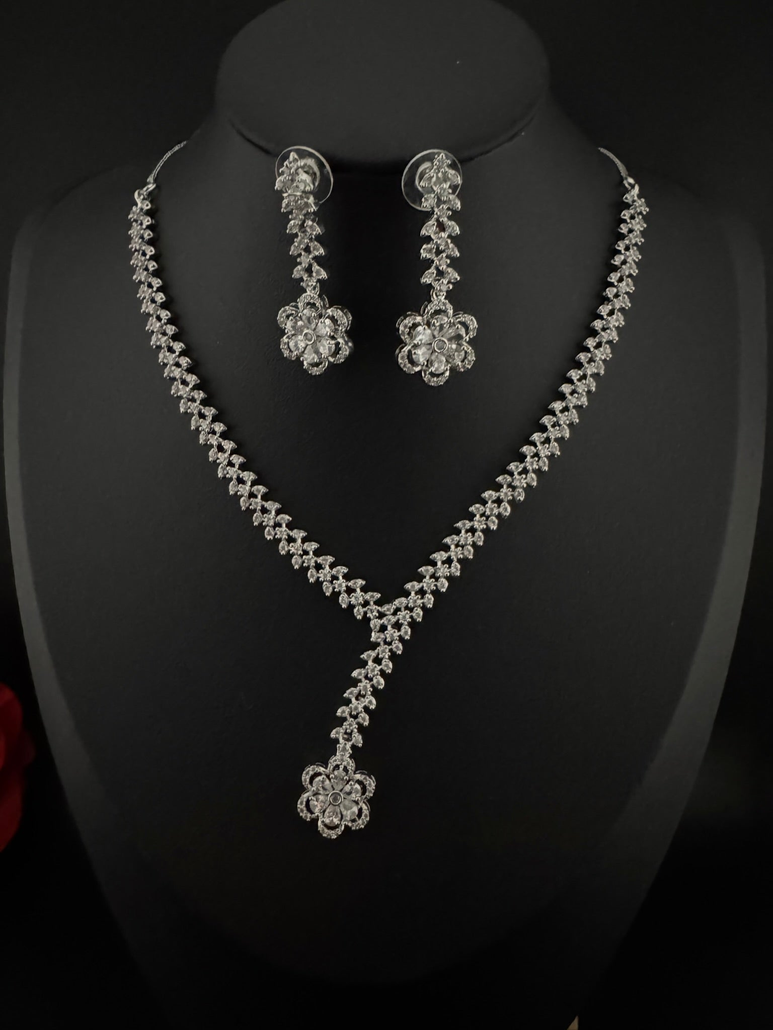 Premium Quality American Diamond/Cubic Zirconia, Crystals, Silver Polish Long Necklace set with Long earring/Indian jewelry/Bridal Necklace