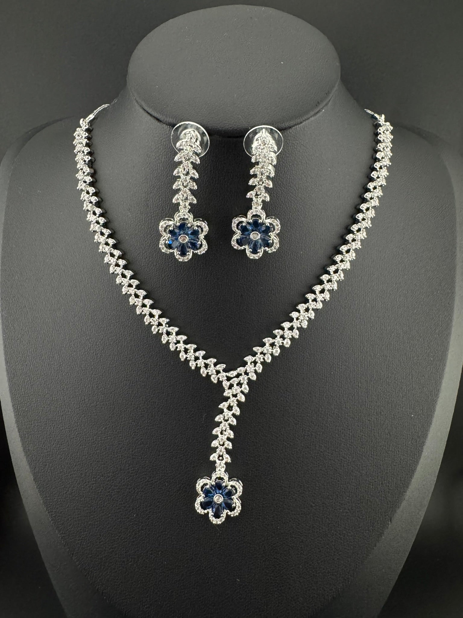 Premium Quality American Diamond/Cubic Zirconia, Crystals, Silver Polish Long Necklace set with Long earring/Indian jewelry/Bridal Necklace