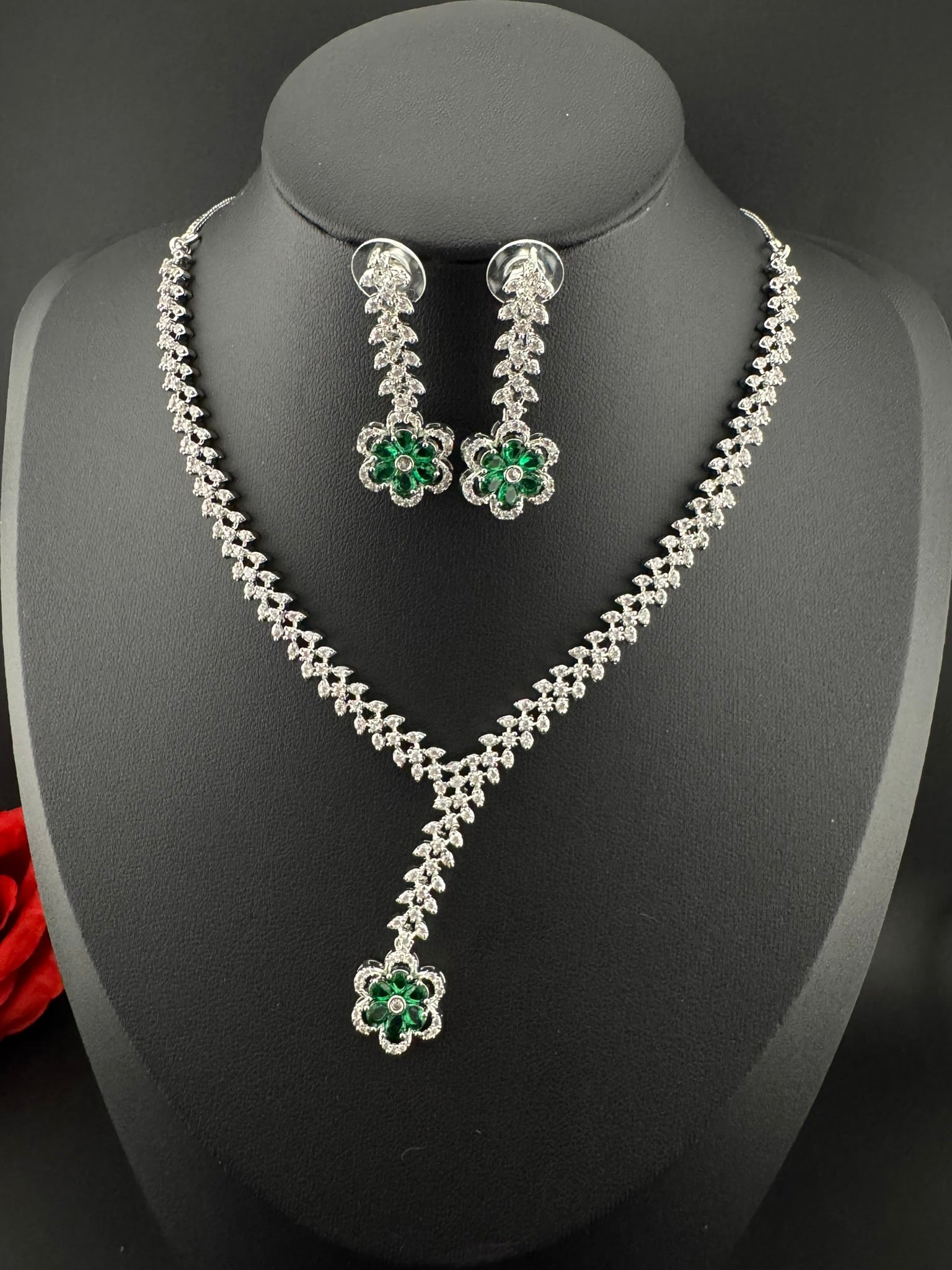 Premium Quality American Diamond/Cubic Zirconia, Crystals, Silver Polish Long Necklace set with Long earring/Indian jewelry/Bridal Necklace