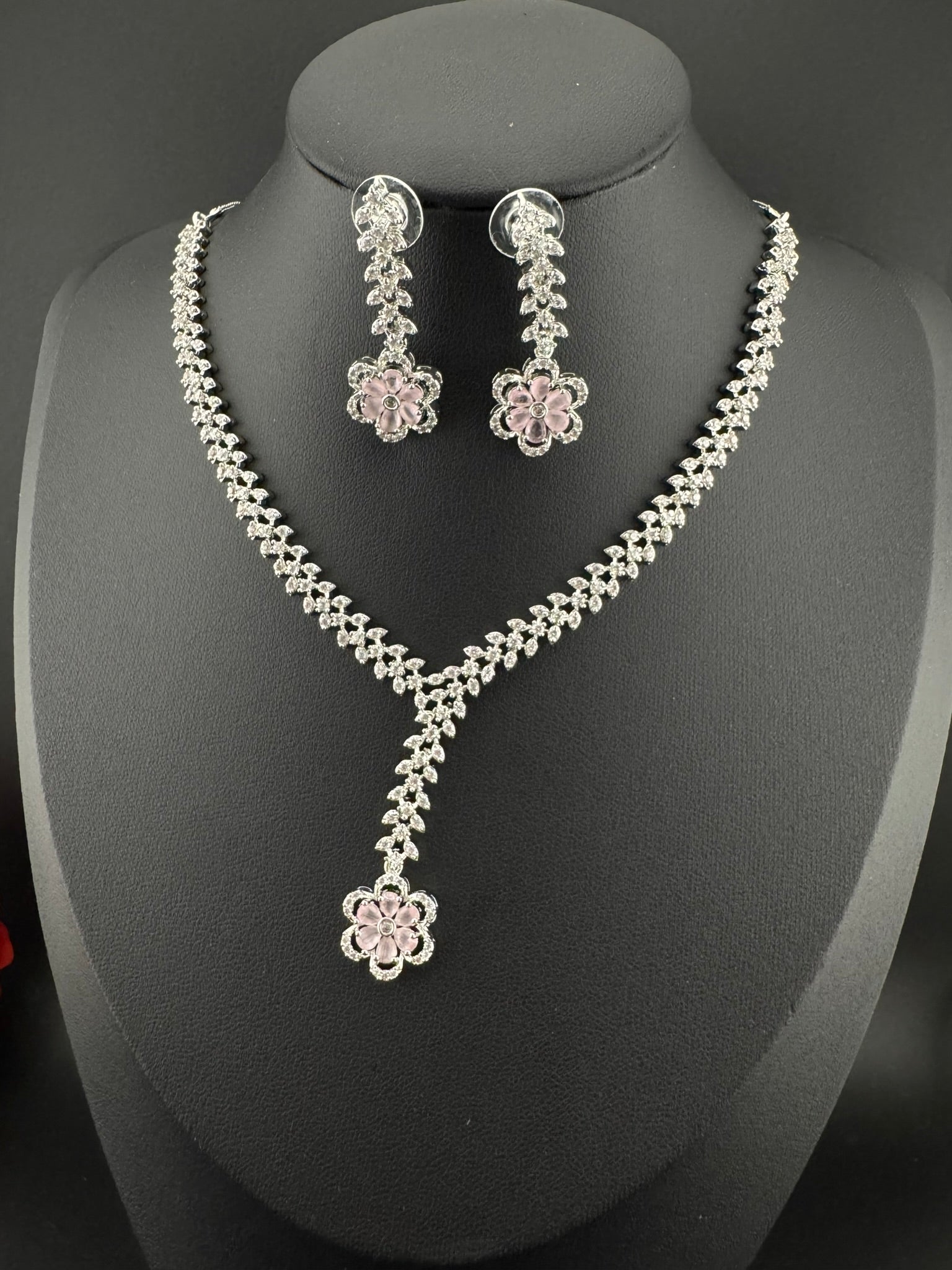 Premium Quality American Diamond/Cubic Zirconia, Crystals, Silver Polish Long Necklace set with Long earring/Indian jewelry/Bridal Necklace