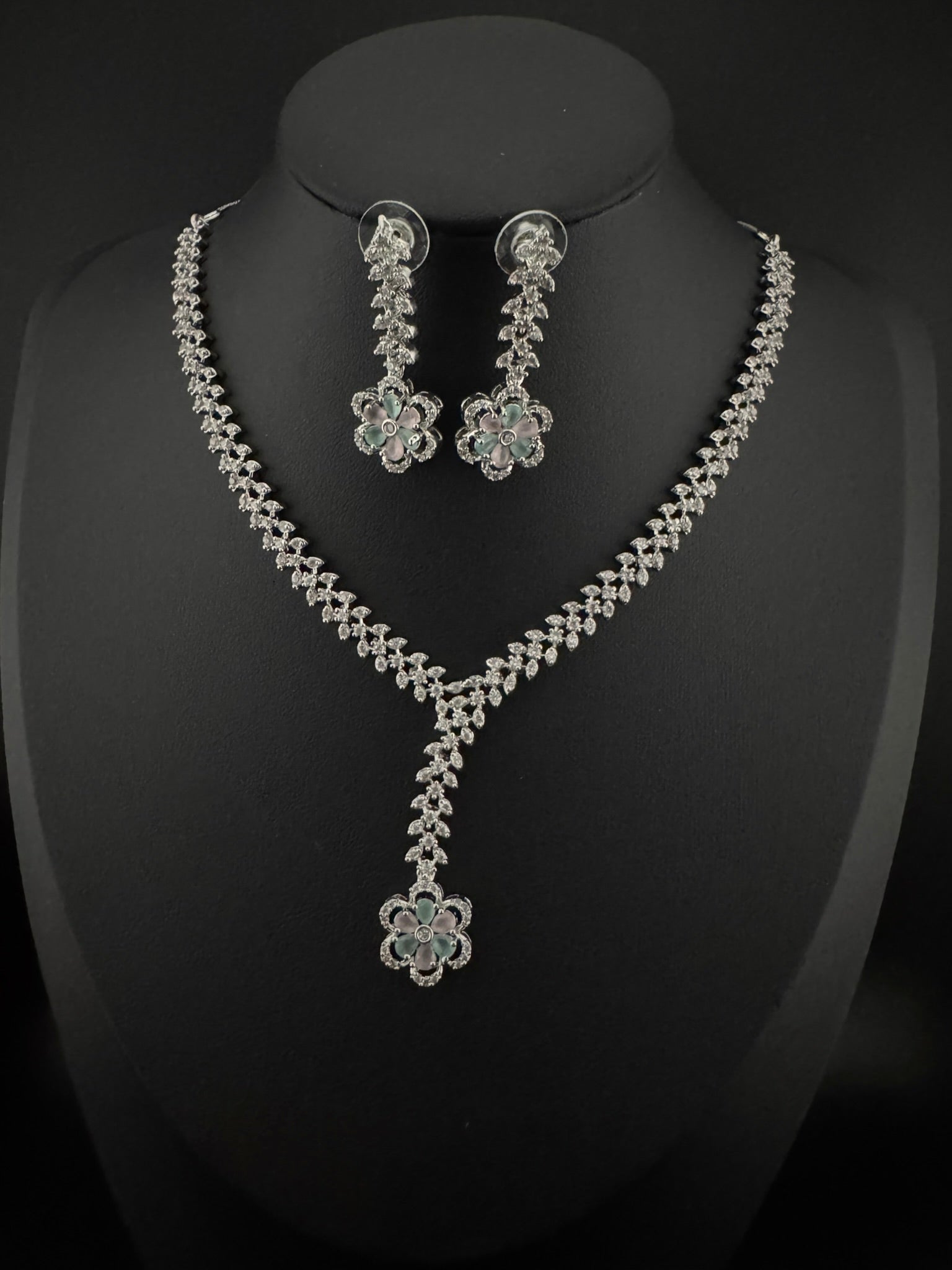 Premium Quality American Diamond/Cubic Zirconia, Crystals, Silver Polish Long Necklace set with Long earring/Indian jewelry/Bridal Necklace