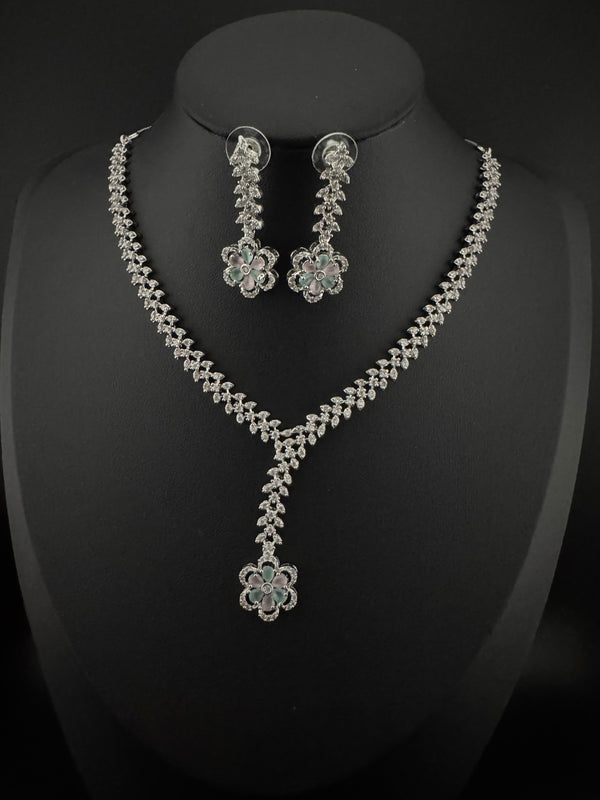 Premium Quality American Diamond/Cubic Zirconia, Crystals, Silver Polish Long Necklace set with Long earring/Indian jewelry/Bridal Necklace