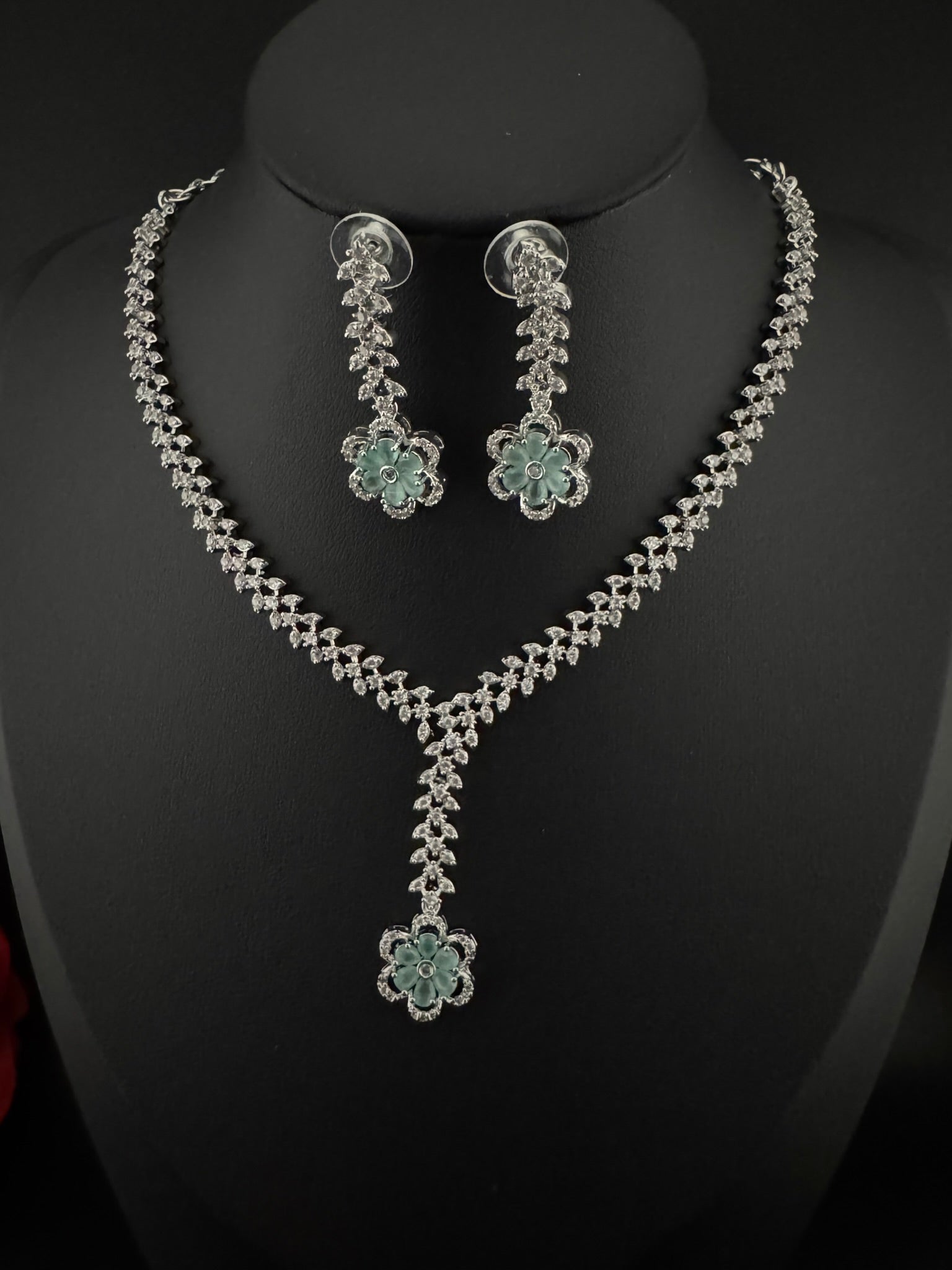 Premium Quality American Diamond/Cubic Zirconia, Crystals, Silver Polish Long Necklace set with Long earring/Indian jewelry/Bridal Necklace