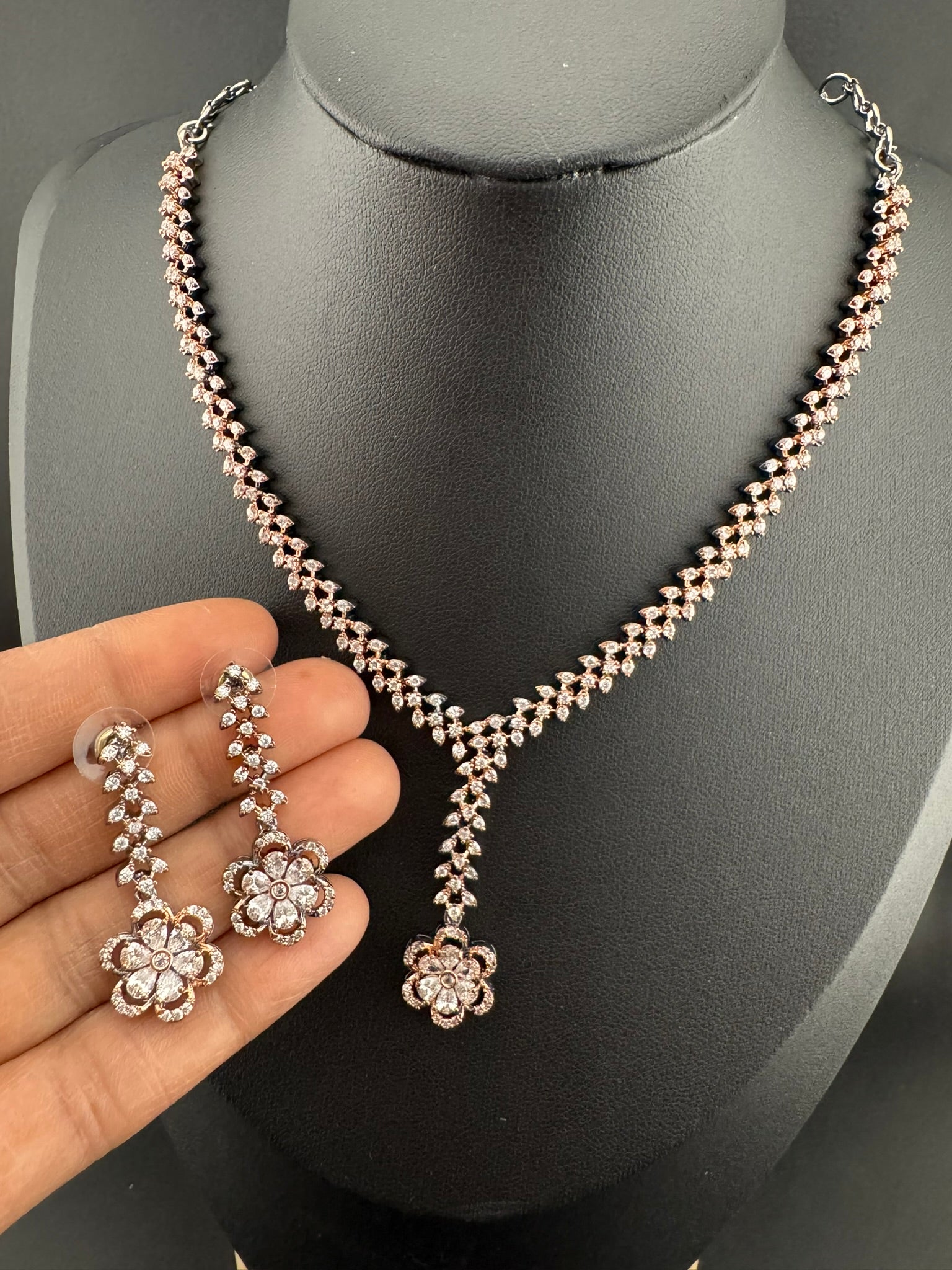 Premium Quality American Diamond/Cubic Zirconia, Crystals, Silver Polish Long Necklace set with Long earring/Indian jewelry/Bridal Necklace