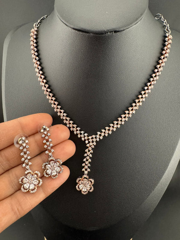 Premium Quality American Diamond/Cubic Zirconia, Crystals, Silver Polish Long Necklace set with Long earring/Indian jewelry/Bridal Necklace