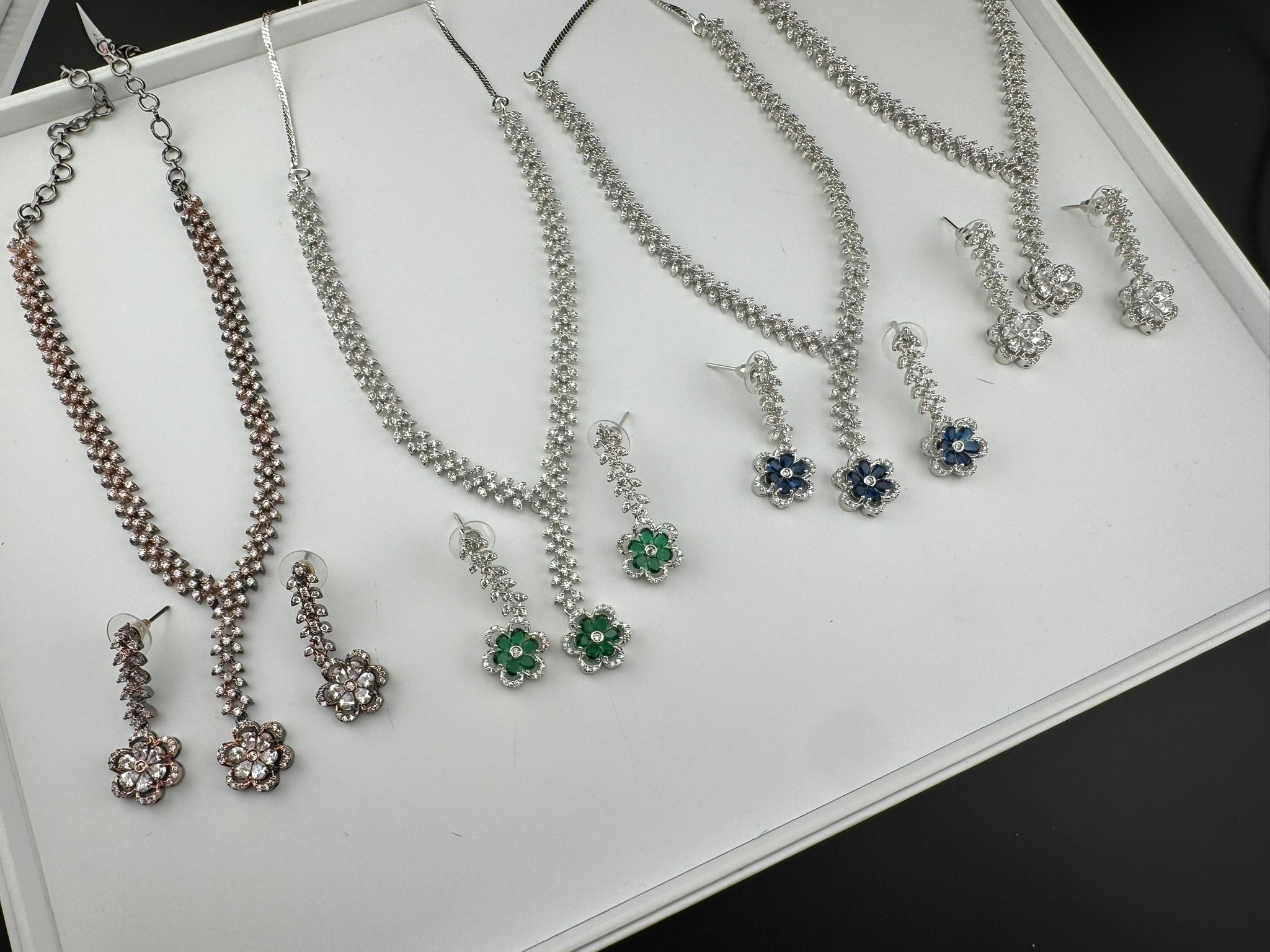 Premium Quality American Diamond/Cubic Zirconia, Crystals, Silver Polish Long Necklace set with Long earring/Indian jewelry/Bridal Necklace