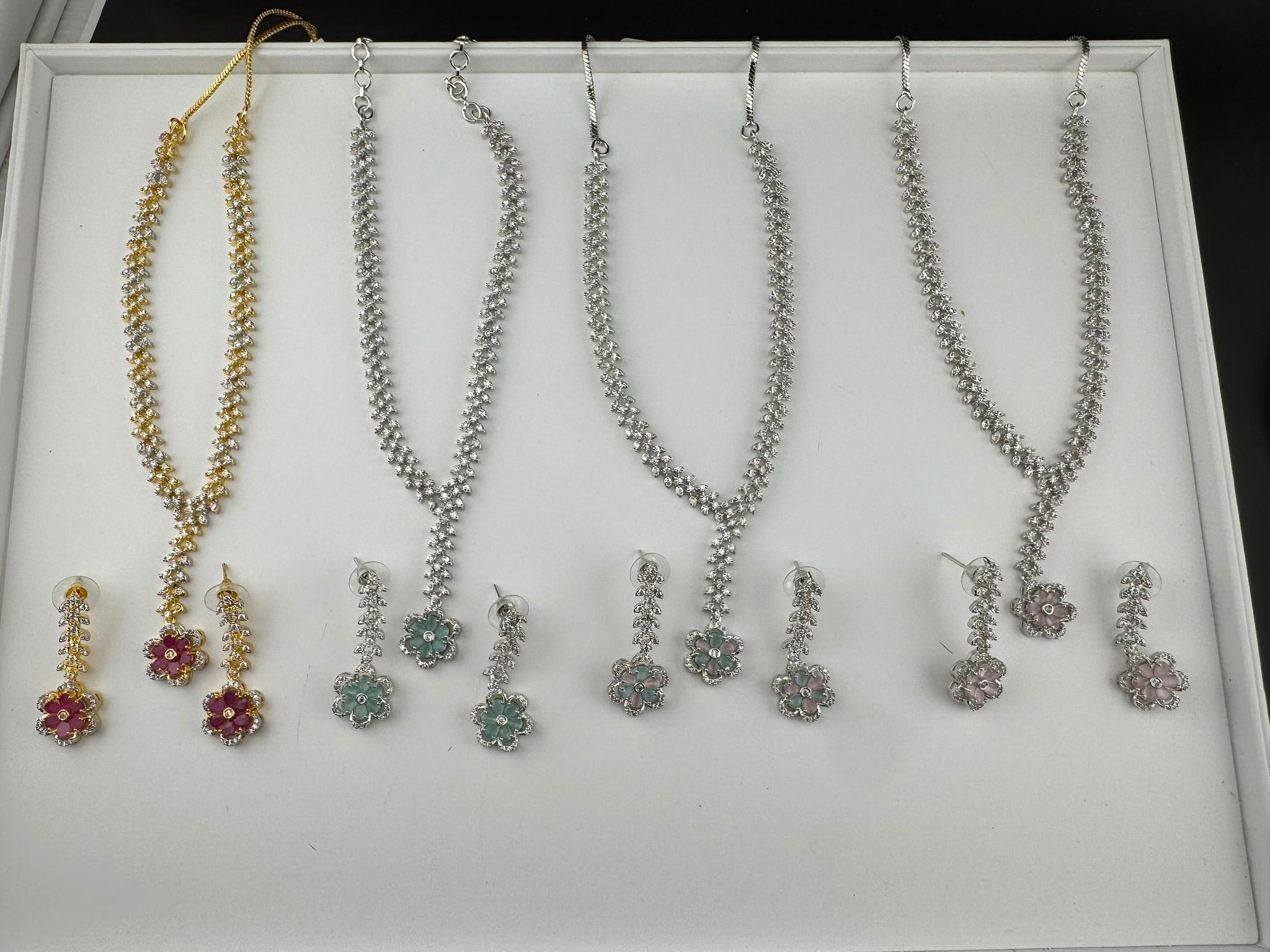 Premium Quality American Diamond/Cubic Zirconia, Crystals, Silver Polish Long Necklace set with Long earring/Indian jewelry/Bridal Necklace