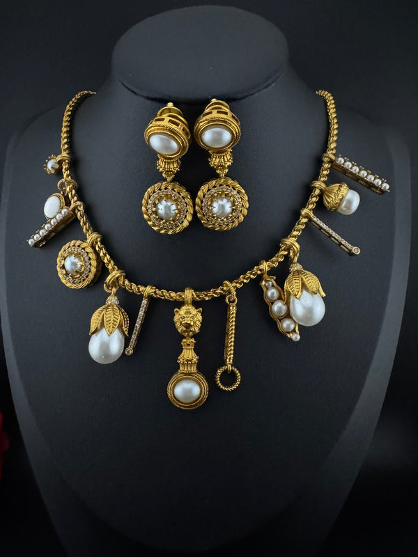Sabyasachi Inspired Necklace set in matt gold, Pearls and natural stones/Contemporary necklace set/Indian jewelry/Unique necklace set