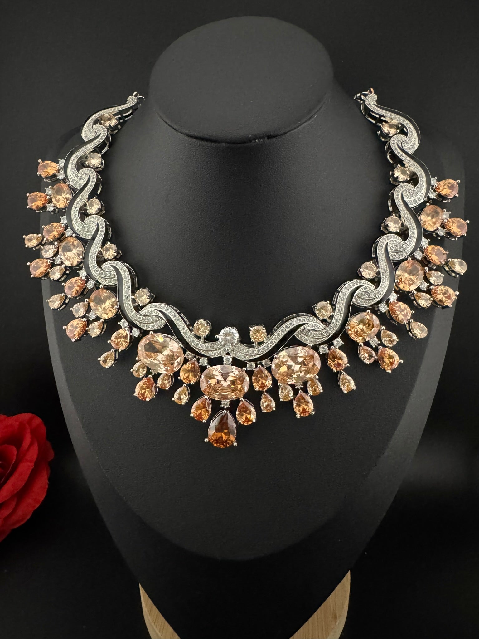 Premium Unique Swarovski Inspired Crystals and CZ champagne Bridal Necklace set with long earring/Indian jewelry/Collar Bridal Necklace set