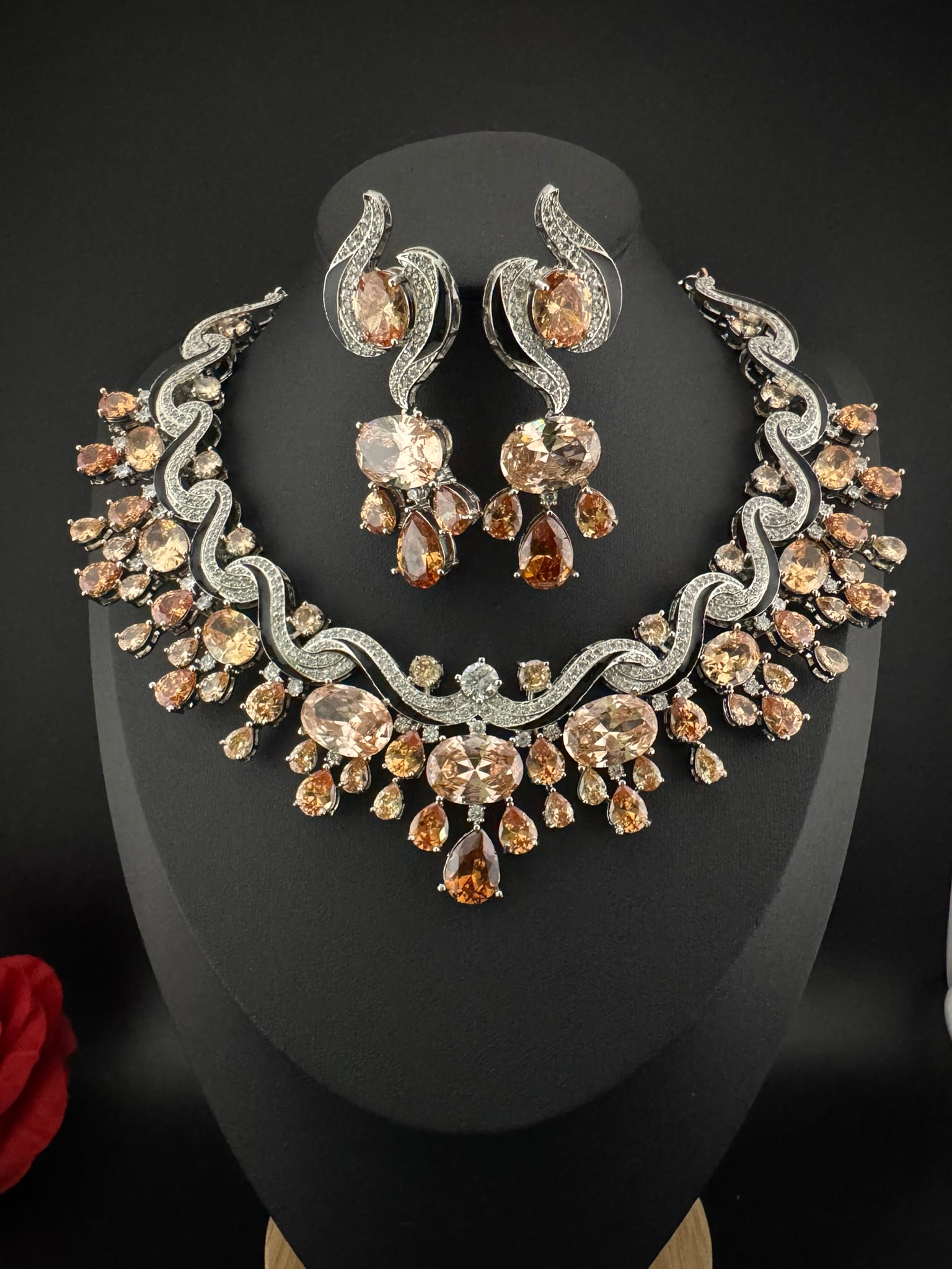 Premium Unique Swarovski Inspired Crystals and CZ champagne Bridal Necklace set with long earring/Indian jewelry/Collar Bridal Necklace set