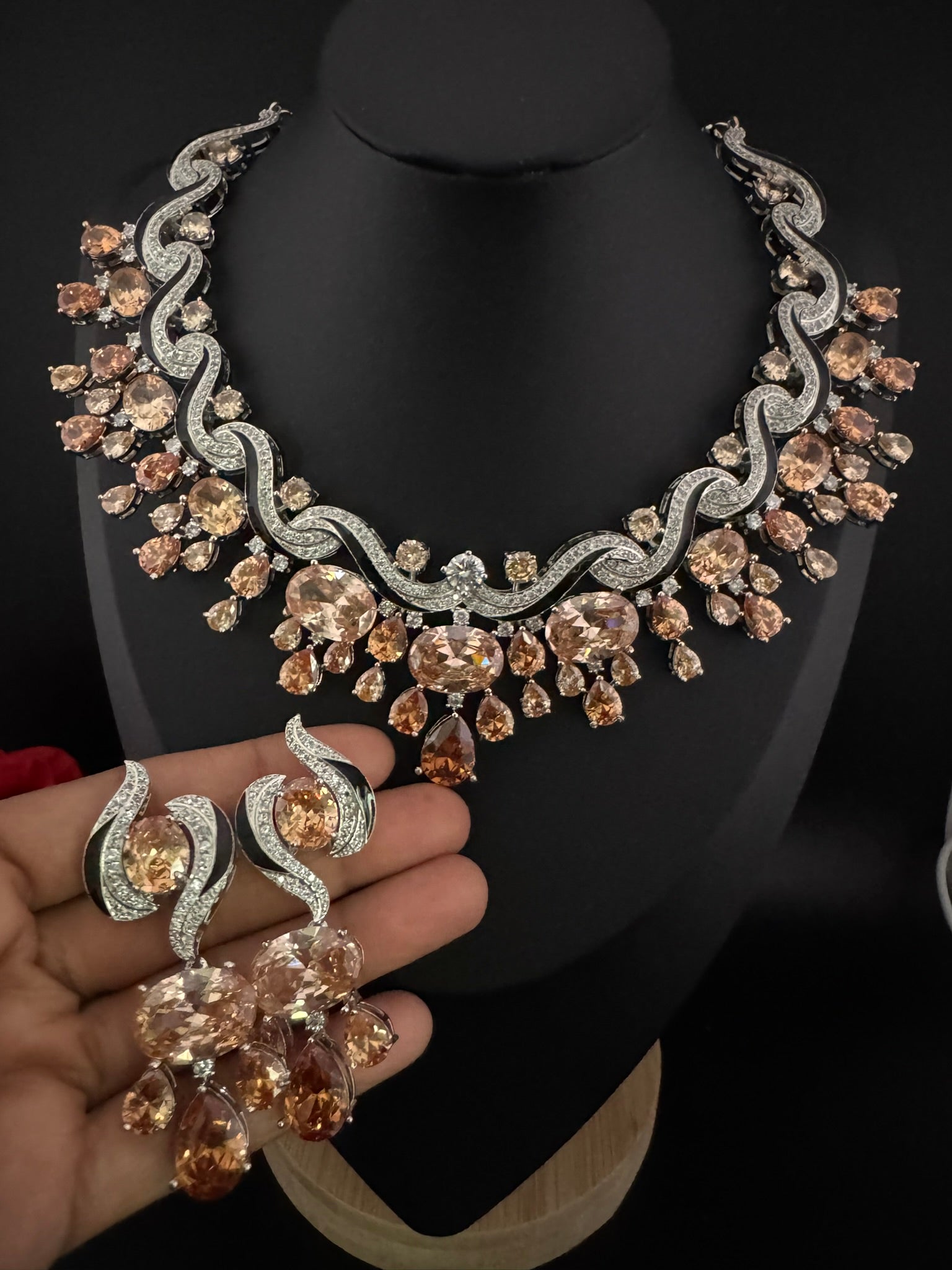 Premium Unique Swarovski Inspired Crystals and CZ champagne Bridal Necklace set with long earring/Indian jewelry/Collar Bridal Necklace set