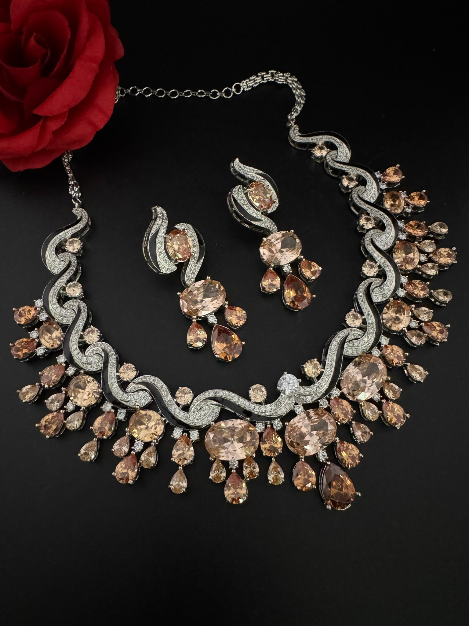 Premium Unique Swarovski Inspired Crystals and CZ champagne Bridal Necklace set with long earring/Indian jewelry/Collar Bridal Necklace set