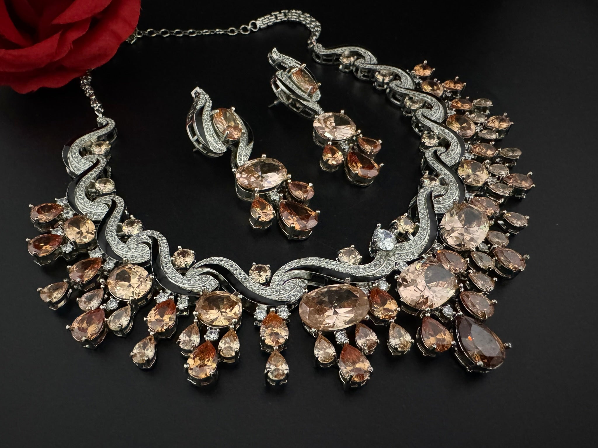 Premium Unique Swarovski Inspired Crystals and CZ champagne Bridal Necklace set with long earring/Indian jewelry/Collar Bridal Necklace set