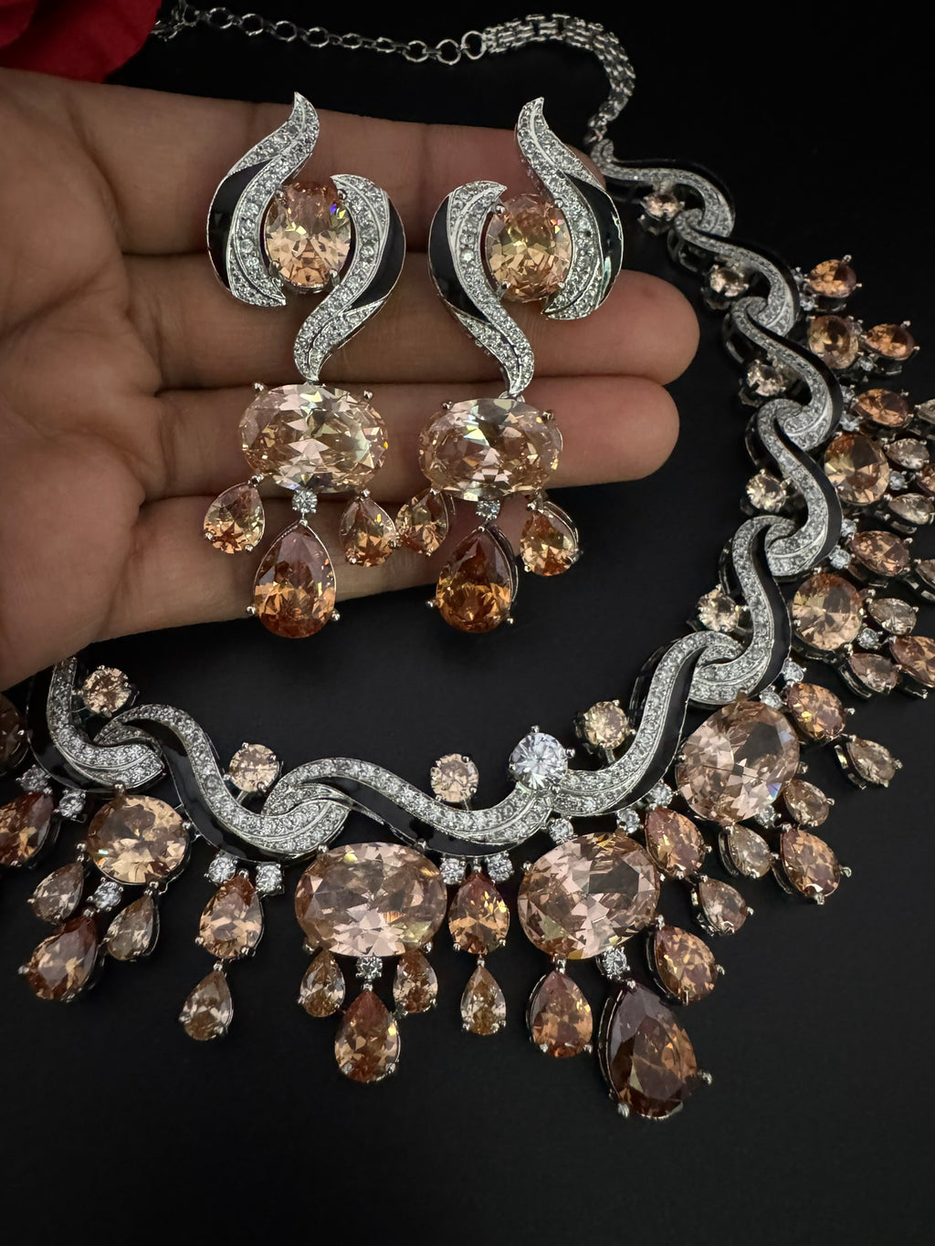 Premium Unique Swarovski Inspired Crystals and CZ champagne Bridal Necklace set with long earring/Indian jewelry/Collar Bridal Necklace set