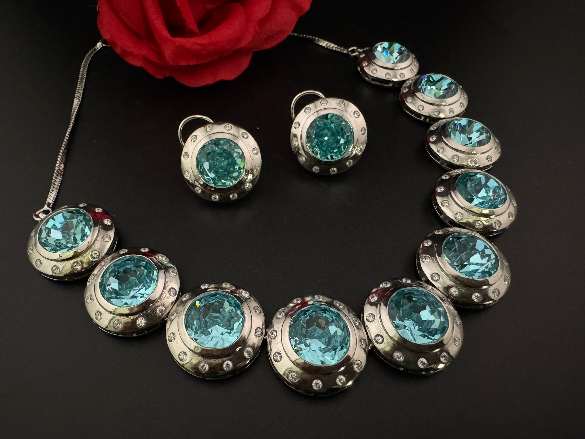 Premium High Shine Swarovski crystals, Cubic Zirconia Modern Necklace with long earring/Indian jewelry/Collar Necklace set/Bridal necklace