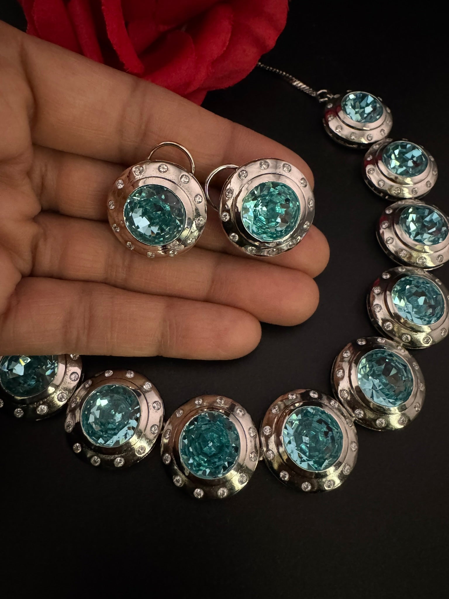 Premium High Shine Swarovski crystals, Cubic Zirconia Modern Necklace with long earring/Indian jewelry/Collar Necklace set/Bridal necklace