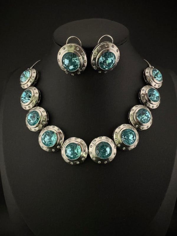 Premium High Shine Swarovski crystals, Cubic Zirconia Modern Necklace with long earring/Indian jewelry/Collar Necklace set/Bridal necklace