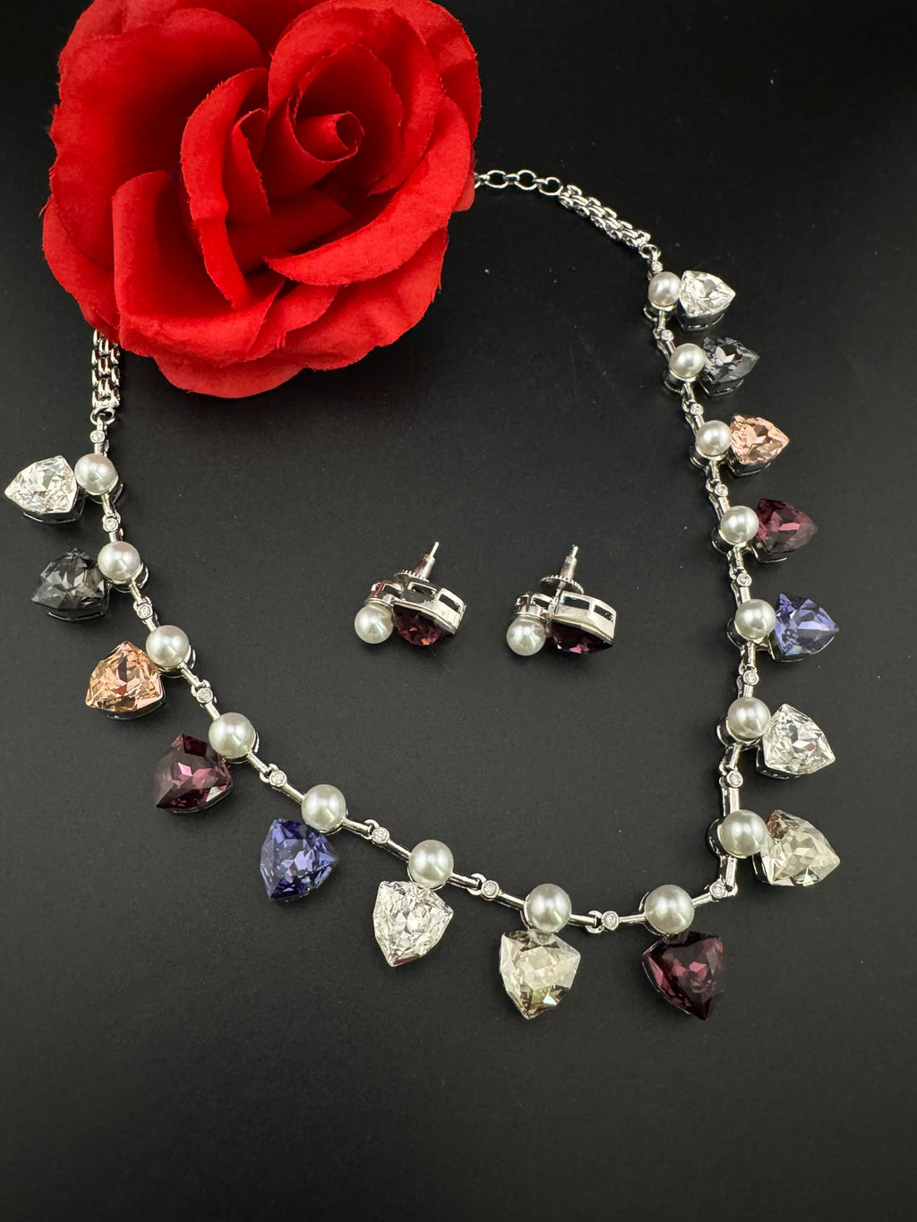 Premium High Shine Swarovski crystals, Cubic Zirconia Modern Necklace with stud earring/Indian jewelry/Collar Necklace set/Bridal necklace