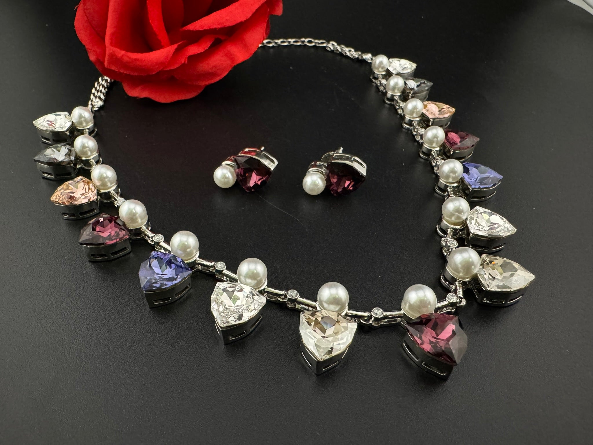 Premium High Shine Swarovski crystals, Cubic Zirconia Modern Necklace with stud earring/Indian jewelry/Collar Necklace set/Bridal necklace