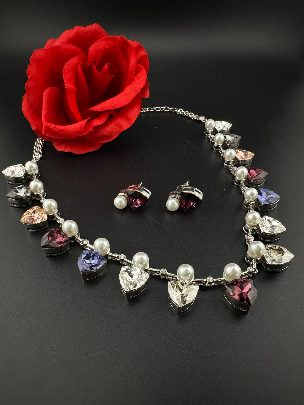 Premium High Shine Swarovski crystals, Cubic Zirconia Modern Necklace with stud earring/Indian jewelry/Collar Necklace set/Bridal necklace