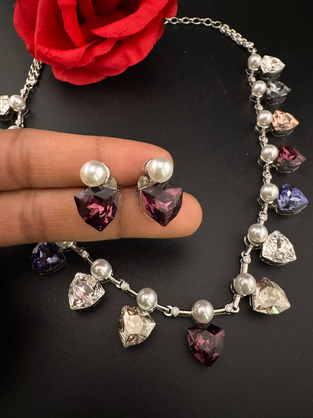 Premium High Shine Swarovski crystals, Cubic Zirconia Modern Necklace with stud earring/Indian jewelry/Collar Necklace set/Bridal necklace