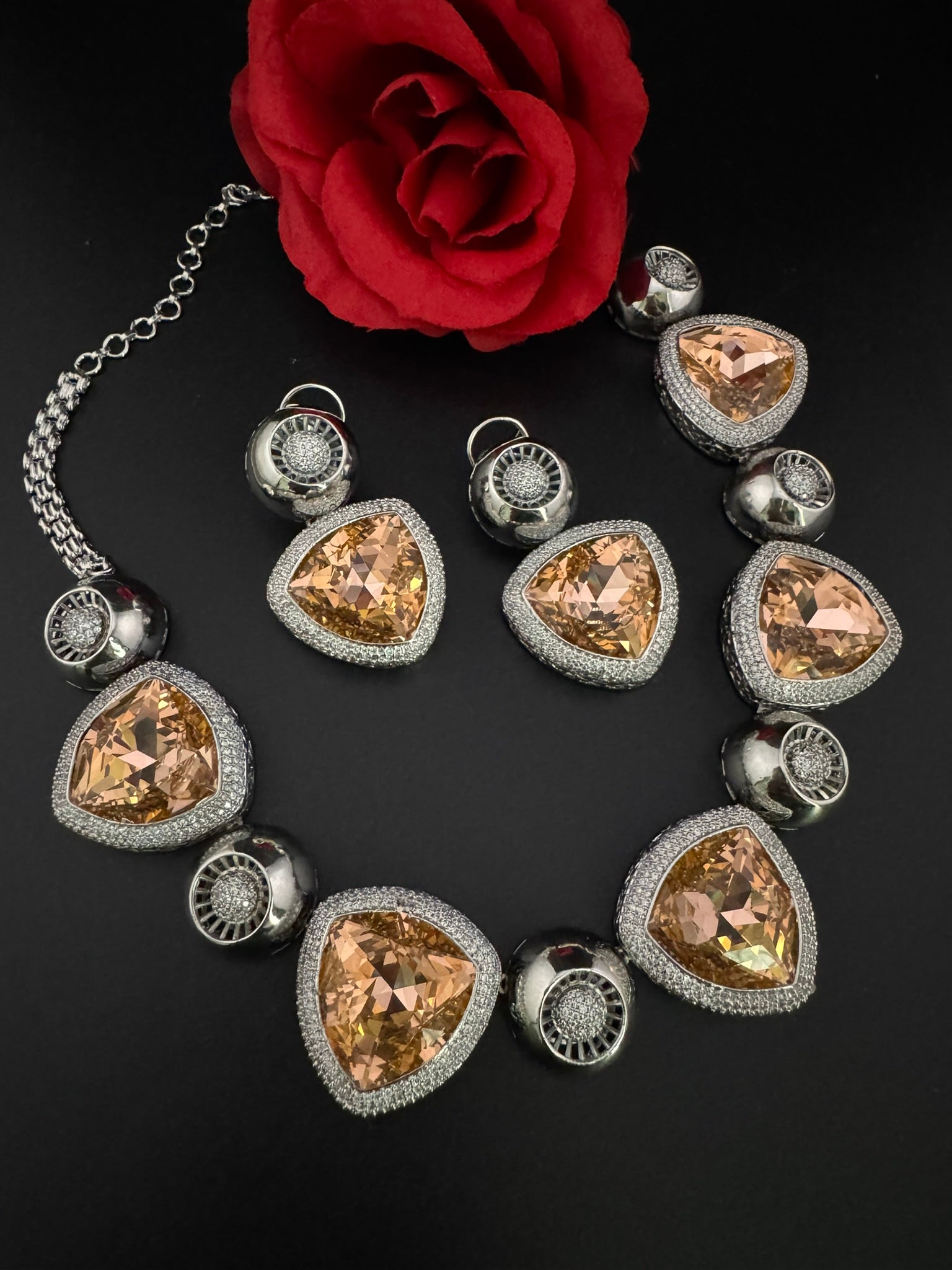 Premium Unique Swarovski Inspired Crystals and CZ champagne Necklace with Stud earrings/Indian jewelry/Collar Necklace/Bridal/Victorian set