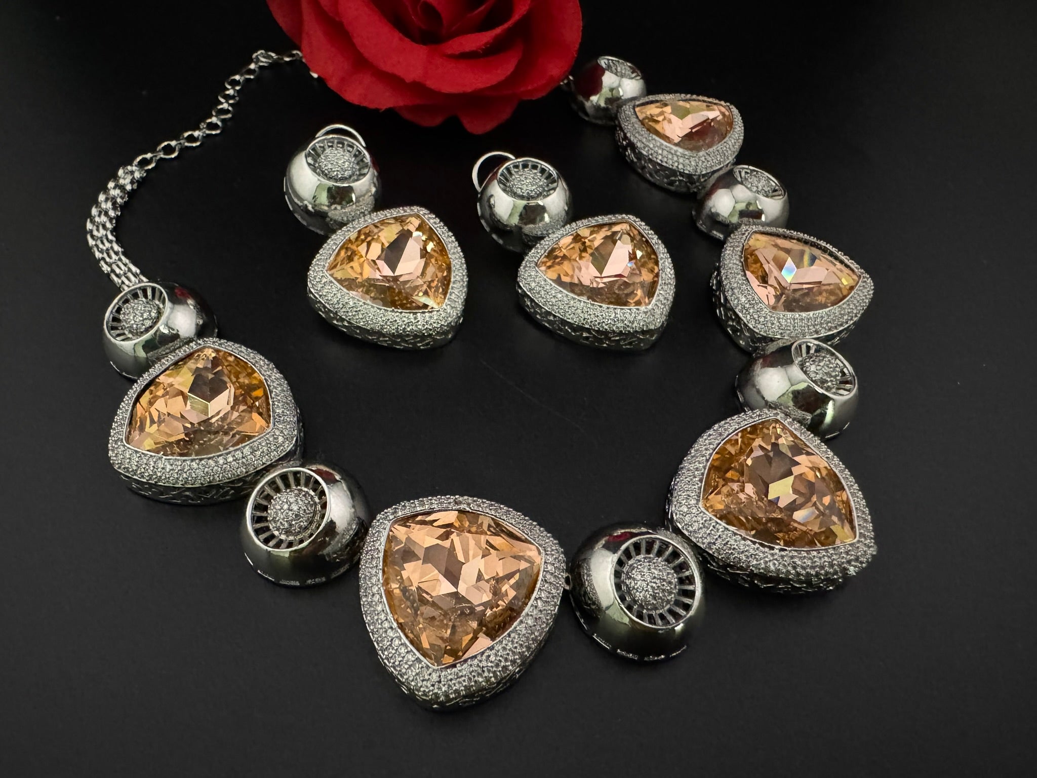 Premium Unique Swarovski Inspired Crystals and CZ champagne Necklace with Stud earrings/Indian jewelry/Collar Necklace/Bridal/Victorian set