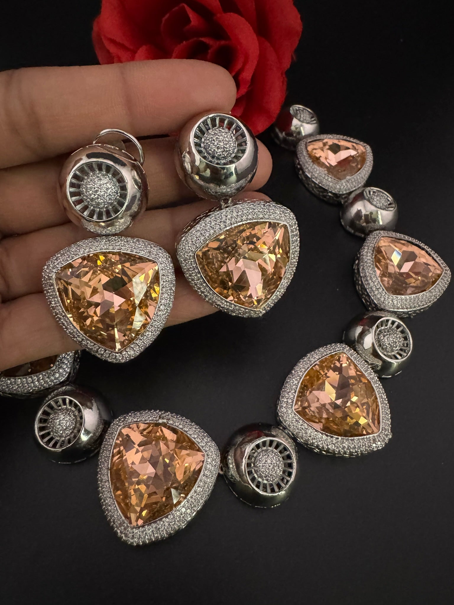 Premium Unique Swarovski Inspired Crystals and CZ champagne Necklace with Stud earrings/Indian jewelry/Collar Necklace/Bridal/Victorian set