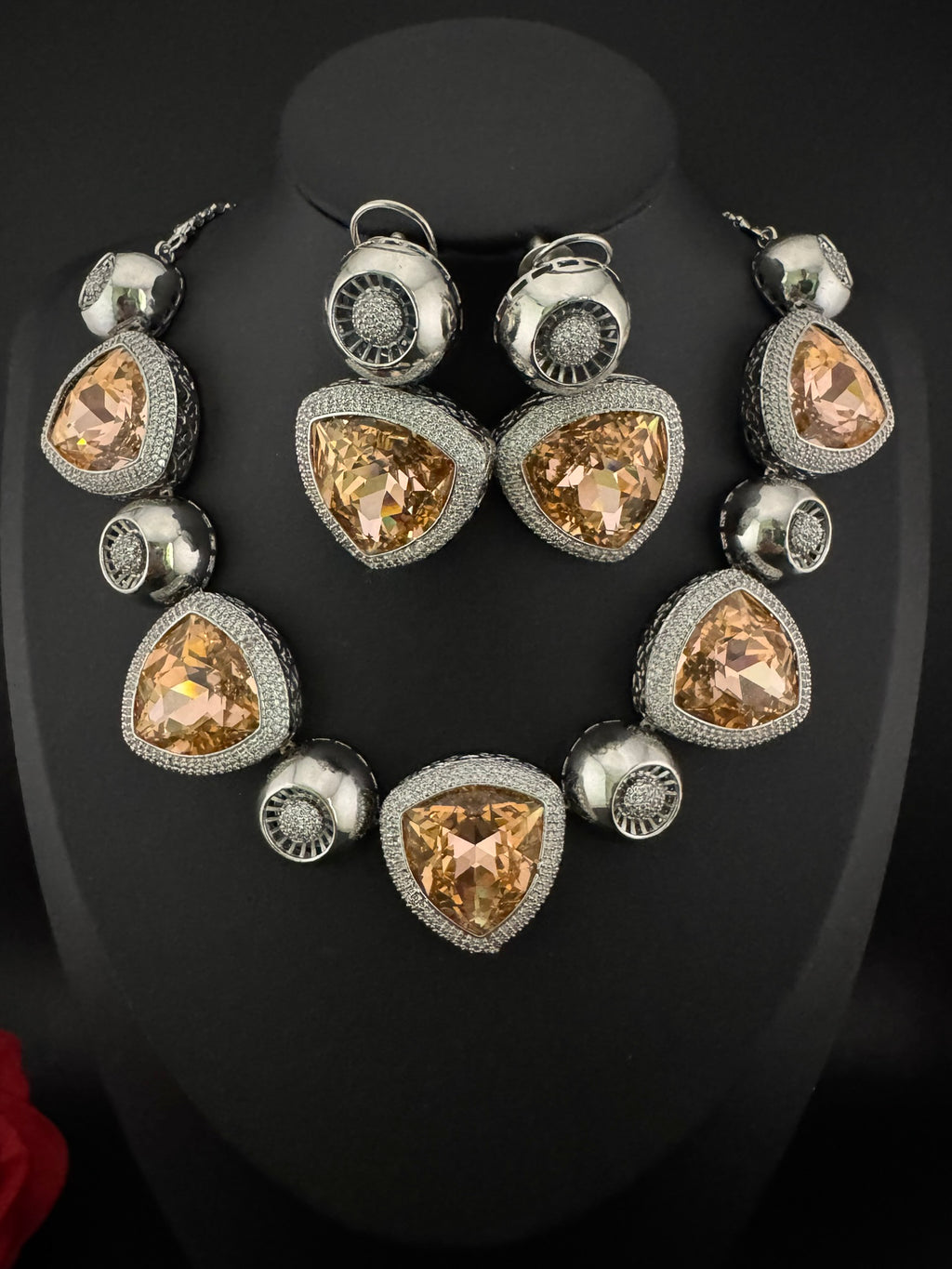 Premium Unique Swarovski Inspired Crystals and CZ champagne Necklace with Stud earrings/Indian jewelry/Collar Necklace/Bridal/Victorian set