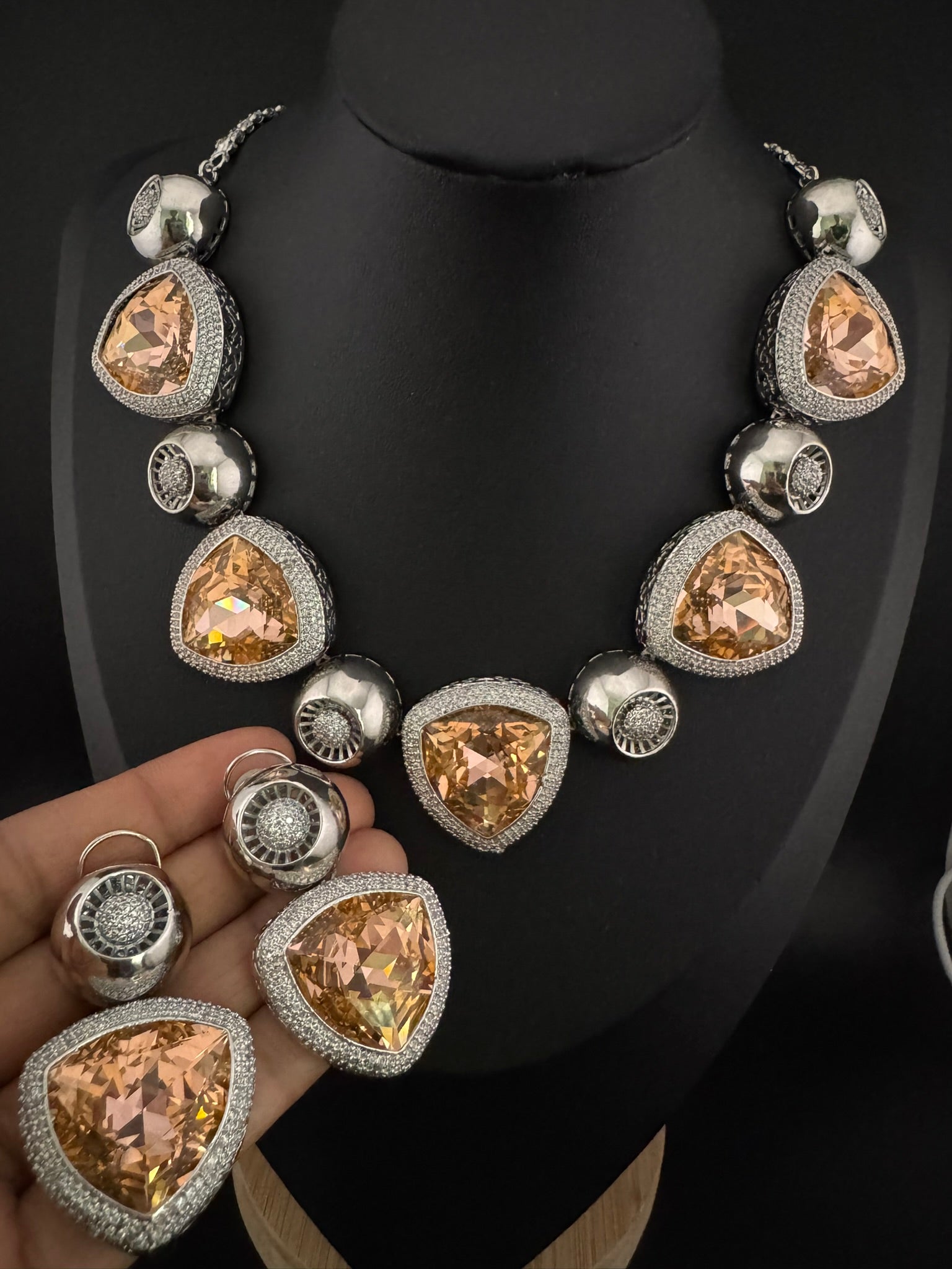 Premium Unique Swarovski Inspired Crystals and CZ champagne Necklace with Stud earrings/Indian jewelry/Collar Necklace/Bridal/Victorian set