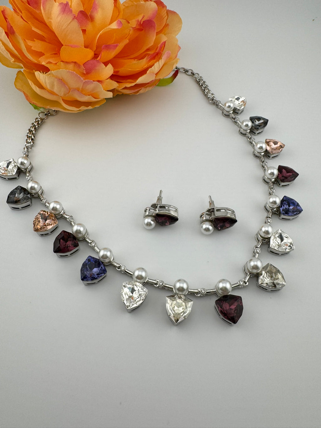 Premium High Shine Swarovski crystals, Cubic Zirconia Modern Necklace with stud earring/Indian jewelry/Collar Necklace set/Bridal necklace