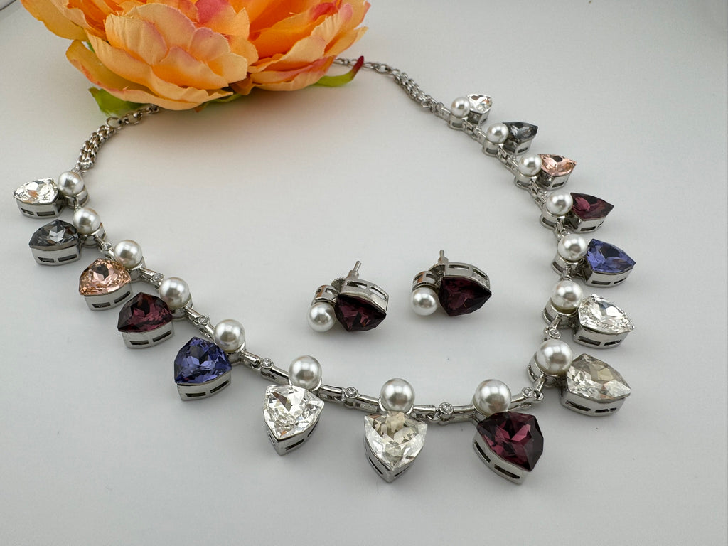 Premium High Shine Swarovski crystals, Cubic Zirconia Modern Necklace with stud earring/Indian jewelry/Collar Necklace set/Bridal necklace