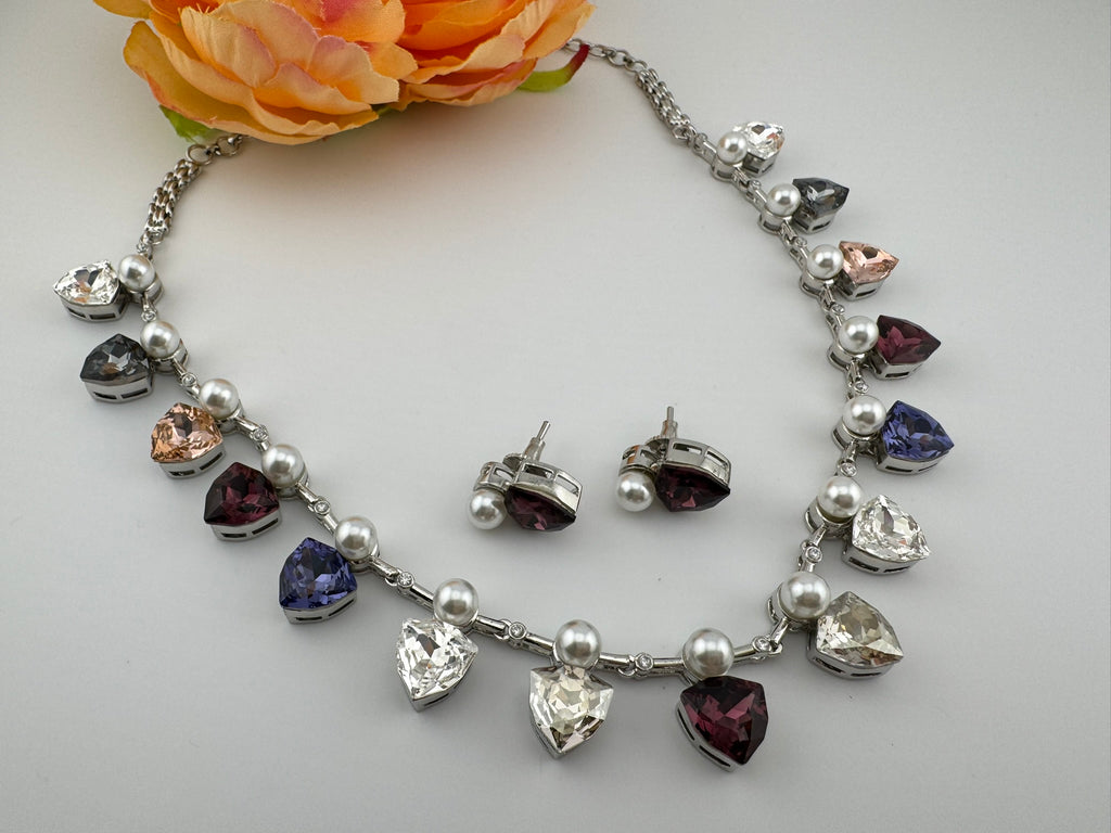 Premium High Shine Swarovski crystals, Cubic Zirconia Modern Necklace with stud earring/Indian jewelry/Collar Necklace set/Bridal necklace