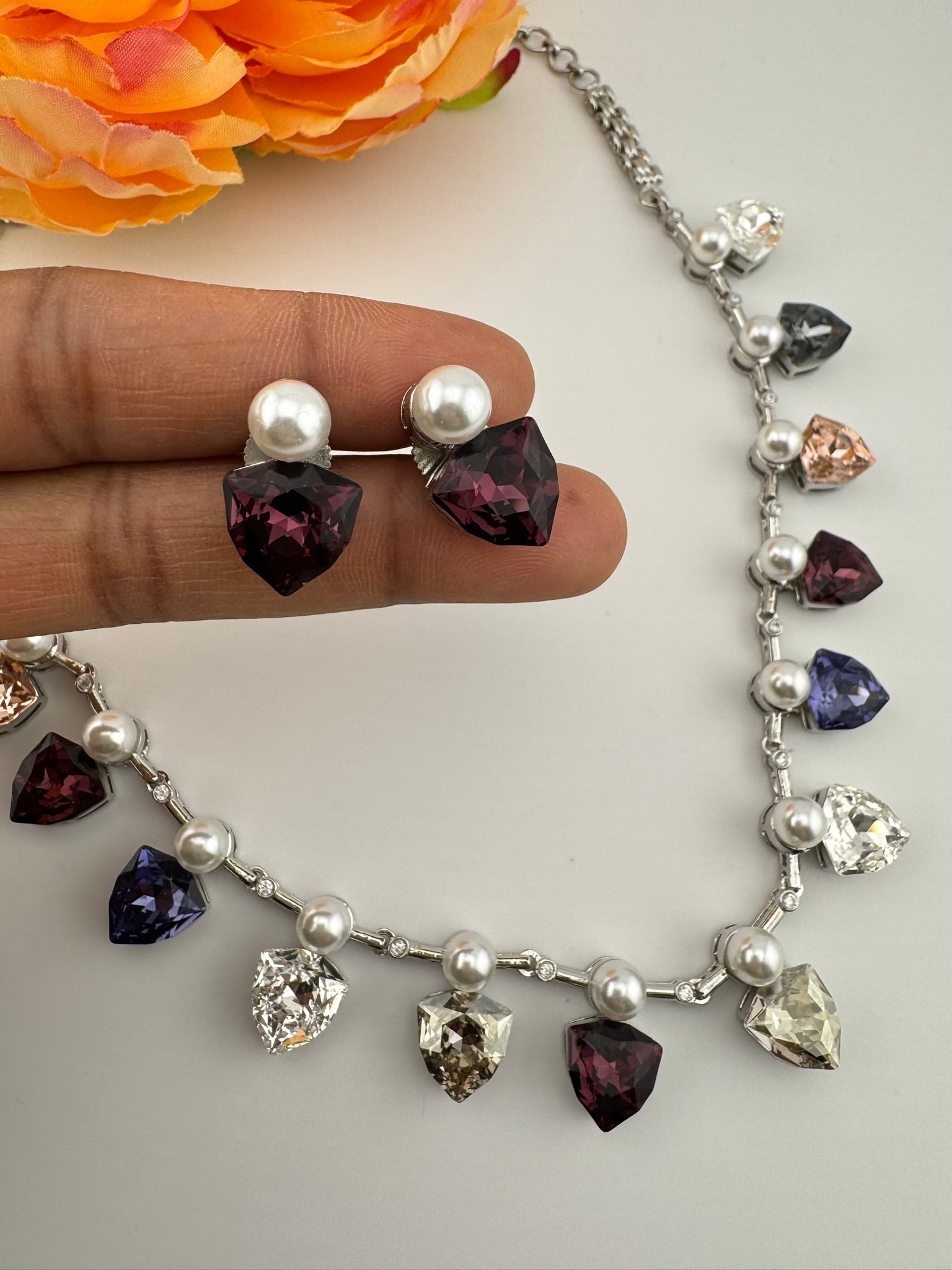 Premium High Shine Swarovski crystals, Cubic Zirconia Modern Necklace with stud earring/Indian jewelry/Collar Necklace set/Bridal necklace