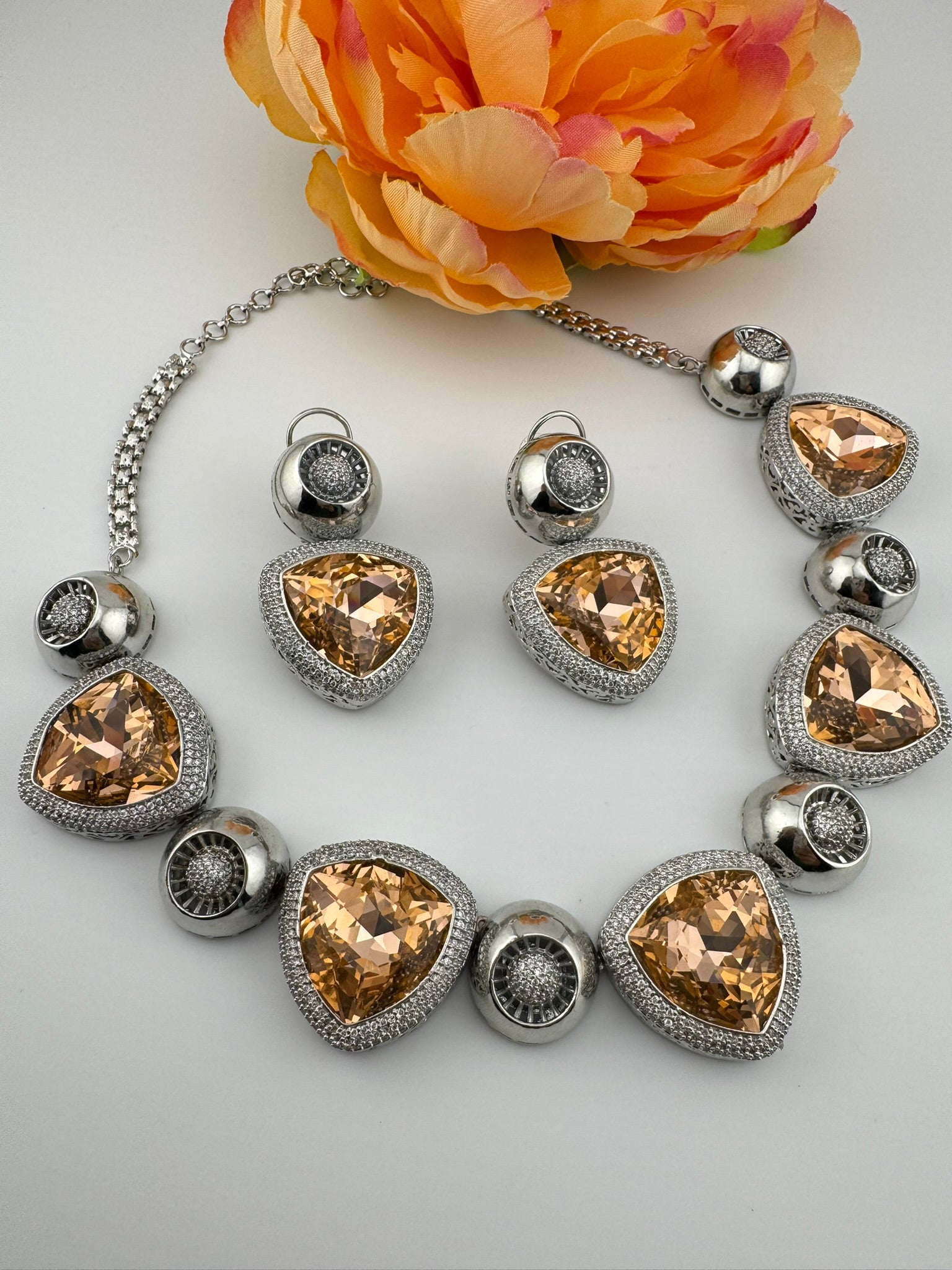 Premium Unique Swarovski Inspired Crystals and CZ champagne Necklace with Stud earrings/Indian jewelry/Collar Necklace/Bridal/Victorian set