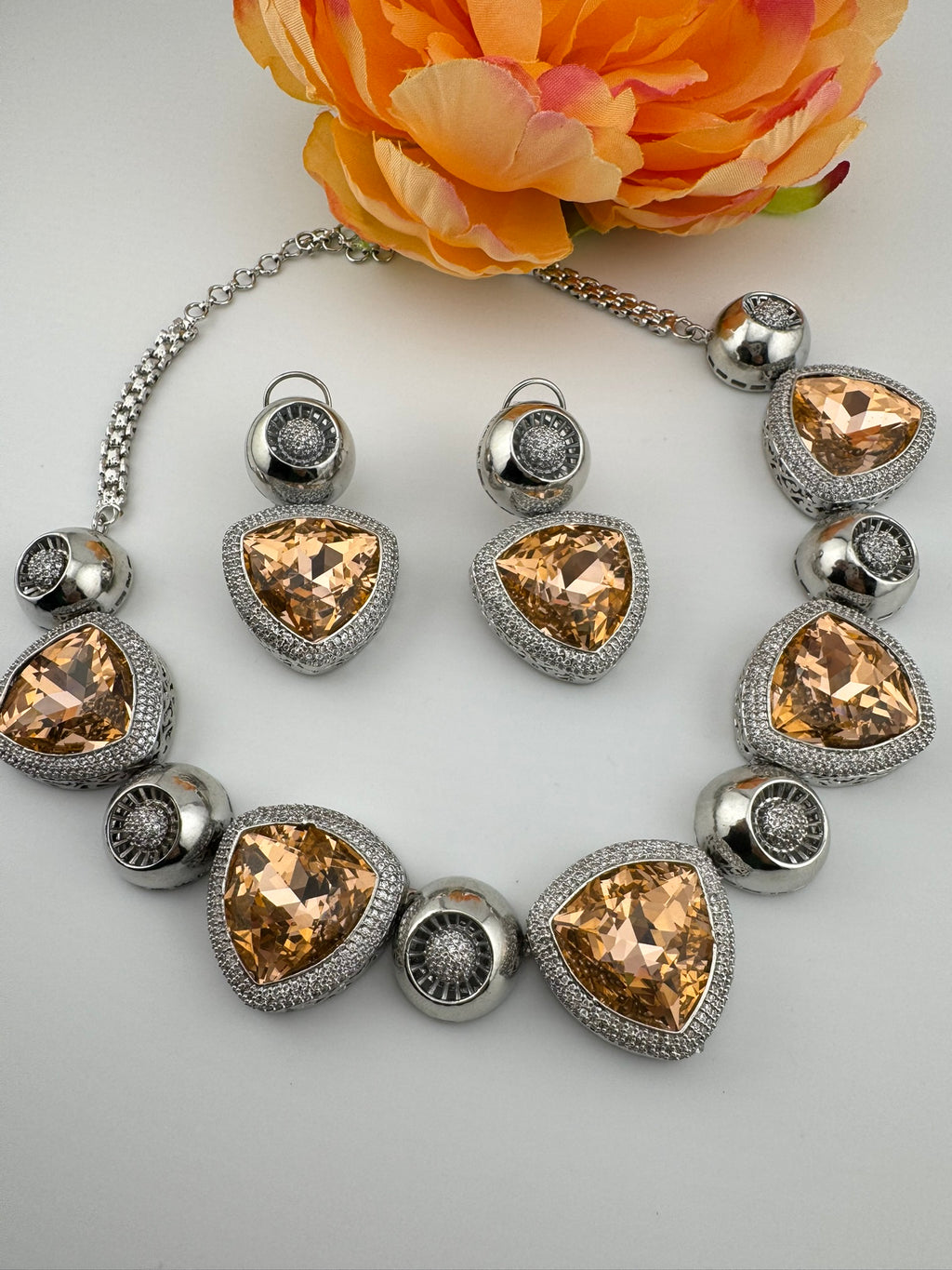 Premium Unique Swarovski Inspired Crystals and CZ champagne Necklace with Stud earrings/Indian jewelry/Collar Necklace/Bridal/Victorian set