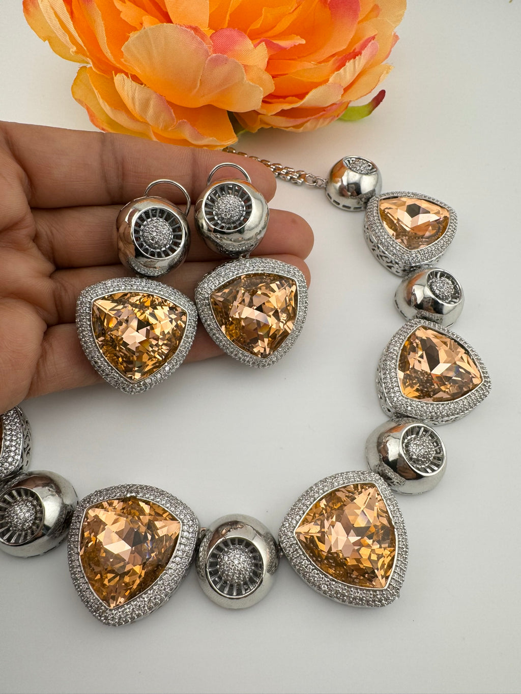 Premium Unique Swarovski Inspired Crystals and CZ champagne Necklace with Stud earrings/Indian jewelry/Collar Necklace/Bridal/Victorian set