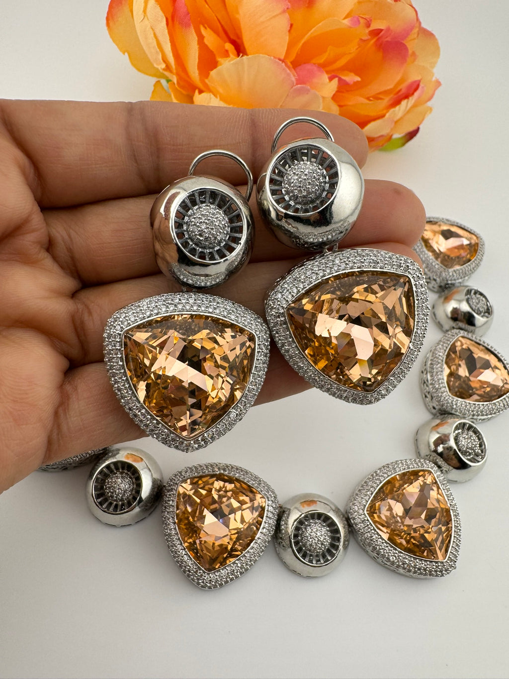 Premium Unique Swarovski Inspired Crystals and CZ champagne Necklace with Stud earrings/Indian jewelry/Collar Necklace/Bridal/Victorian set