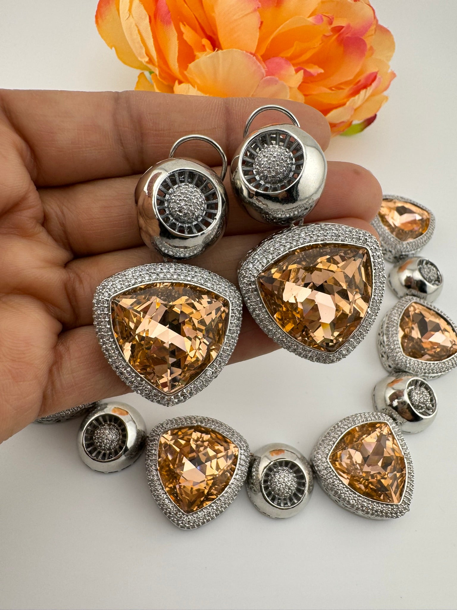 Premium Unique Swarovski Inspired Crystals and CZ champagne Necklace with Stud earrings/Indian jewelry/Collar Necklace/Bridal/Victorian set