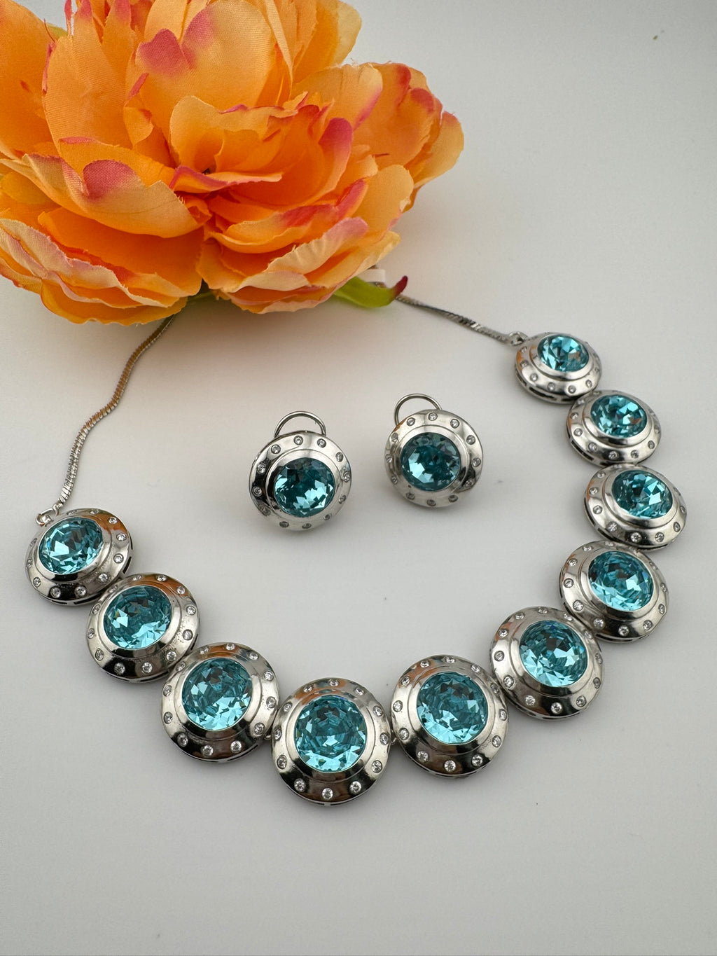 Premium High Shine Swarovski crystals, Cubic Zirconia Modern Necklace with long earring/Indian jewelry/Collar Necklace set/Bridal necklace