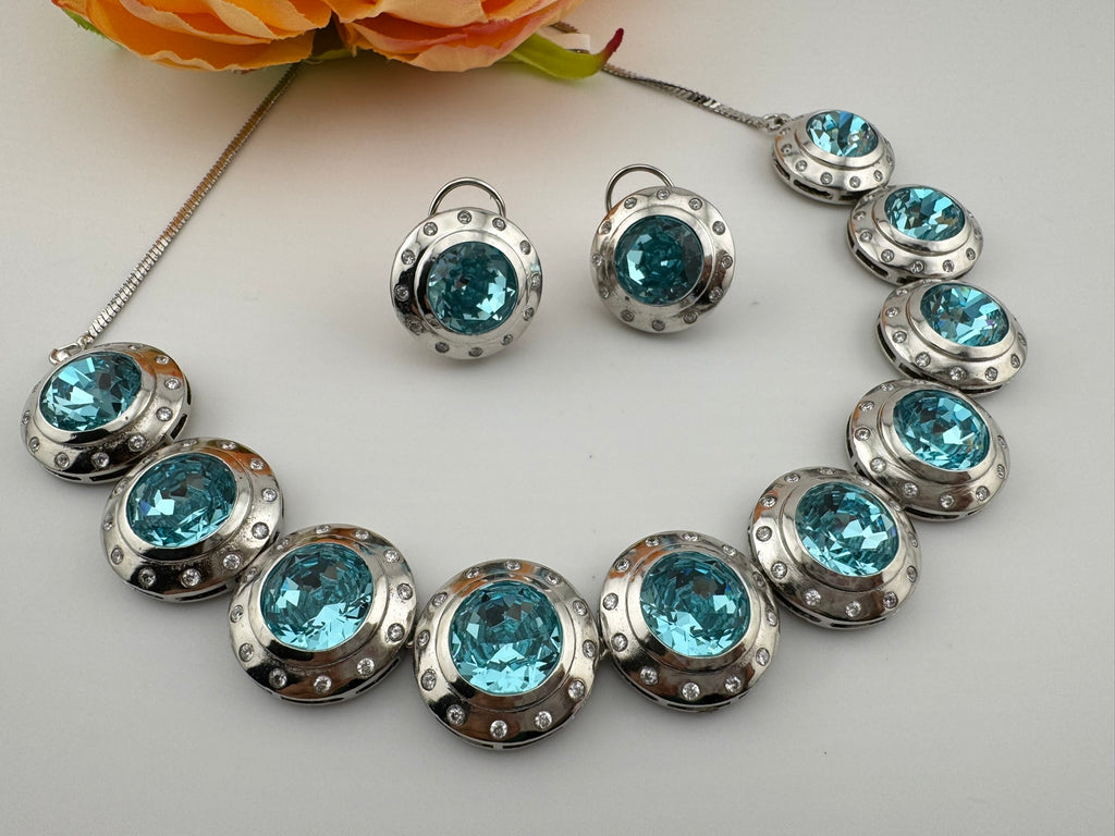 Premium High Shine Swarovski crystals, Cubic Zirconia Modern Necklace with long earring/Indian jewelry/Collar Necklace set/Bridal necklace