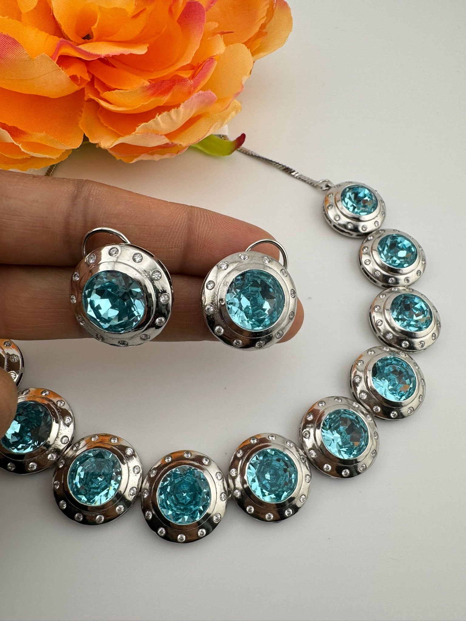 Premium High Shine Swarovski crystals, Cubic Zirconia Modern Necklace with long earring/Indian jewelry/Collar Necklace set/Bridal necklace