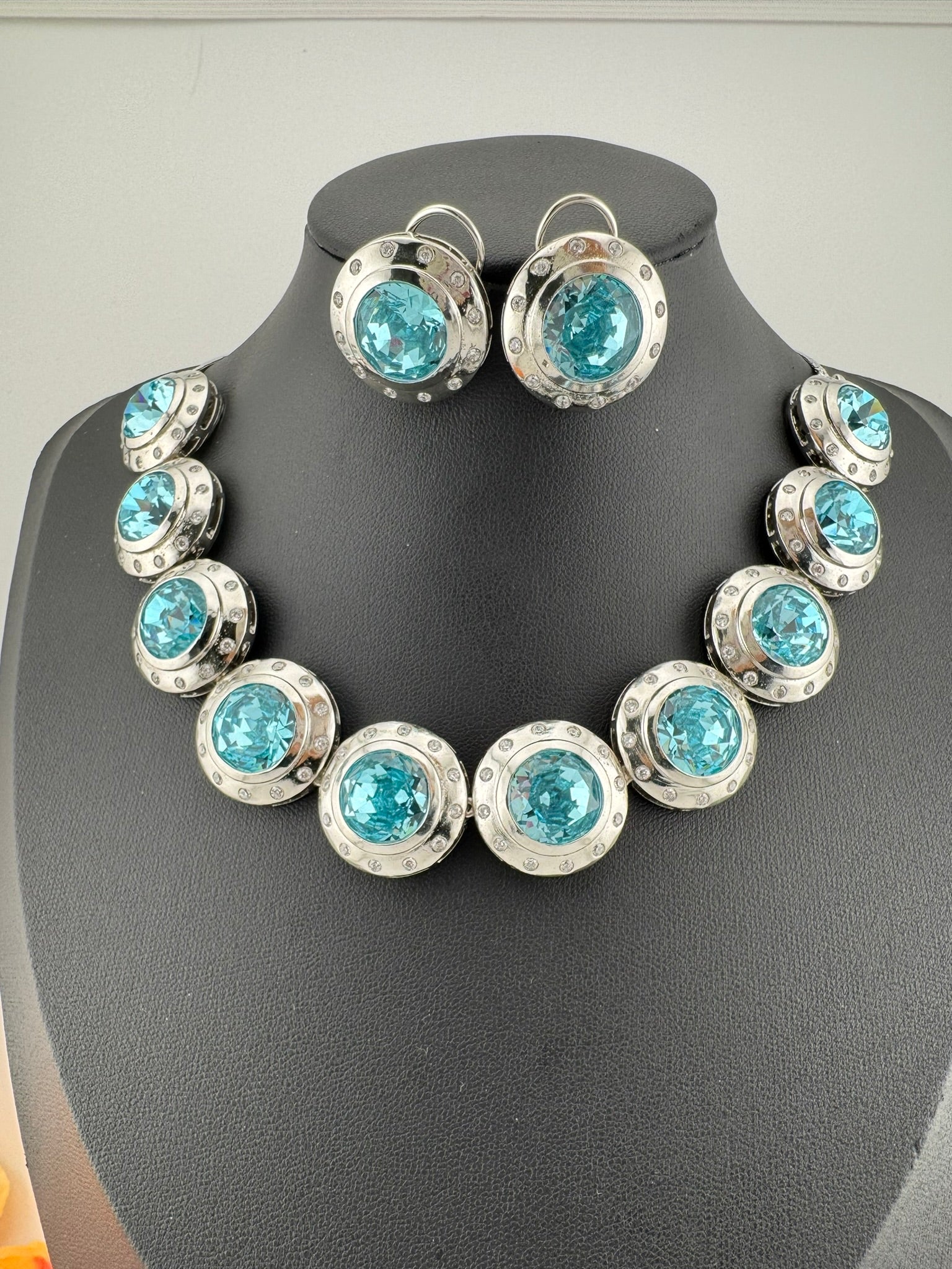 Premium High Shine Swarovski crystals, Cubic Zirconia Modern Necklace with long earring/Indian jewelry/Collar Necklace set/Bridal necklace