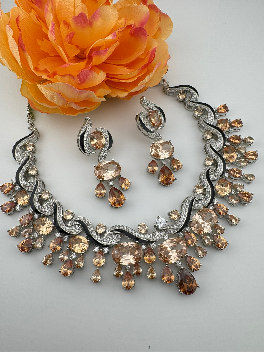 Premium Unique Swarovski Inspired Crystals and CZ champagne Bridal Necklace set with long earring/Indian jewelry/Collar Bridal Necklace set