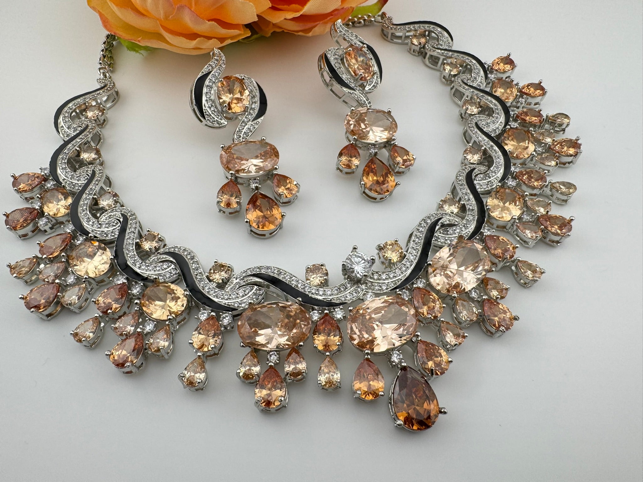 Premium Unique Swarovski Inspired Crystals and CZ champagne Bridal Necklace set with long earring/Indian jewelry/Collar Bridal Necklace set