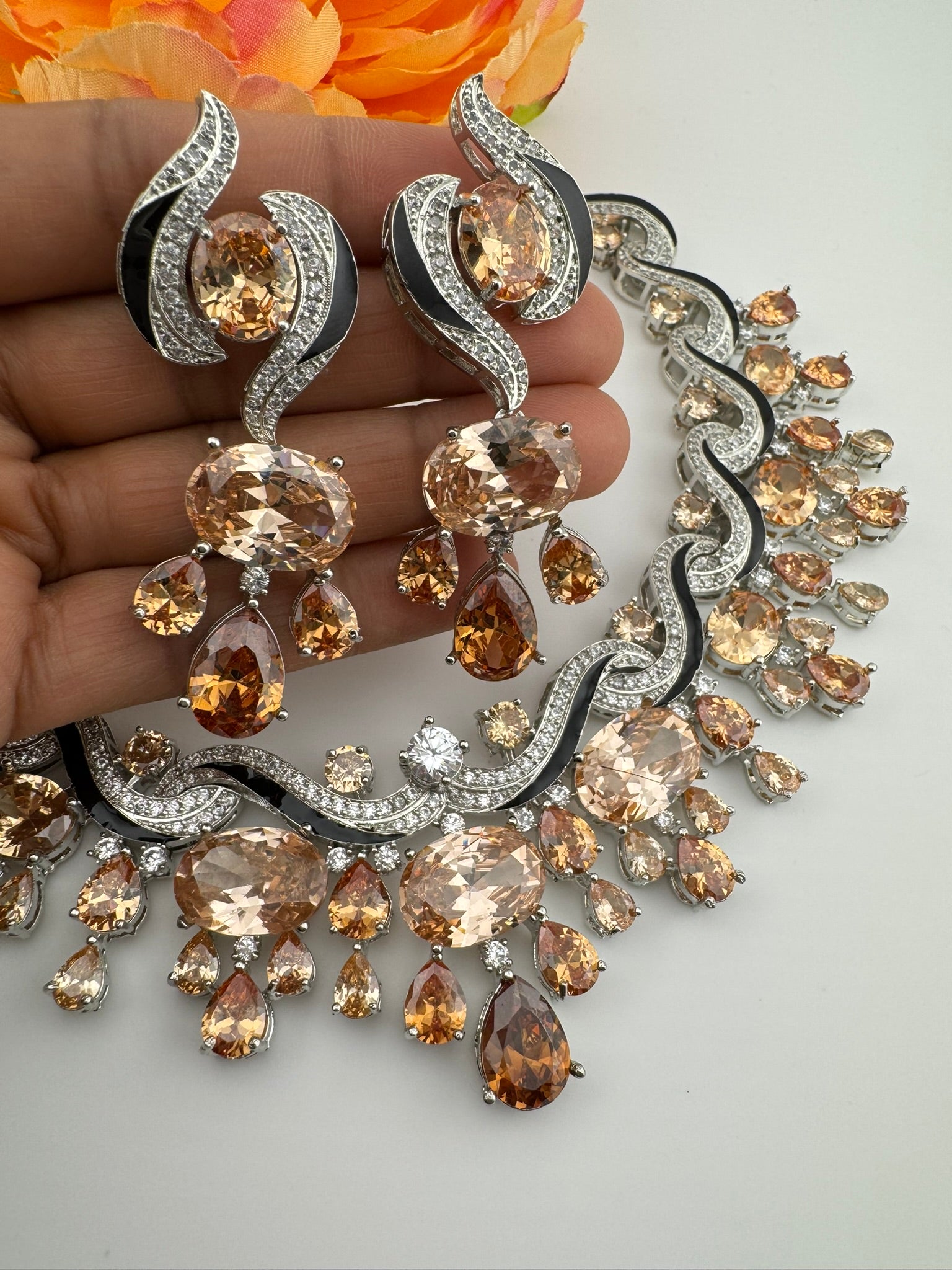 Premium Unique Swarovski Inspired Crystals and CZ champagne Bridal Necklace set with long earring/Indian jewelry/Collar Bridal Necklace set